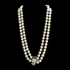 Double Strand Pearl Necklace with A White Gold , Diamond & Pearl Clasp