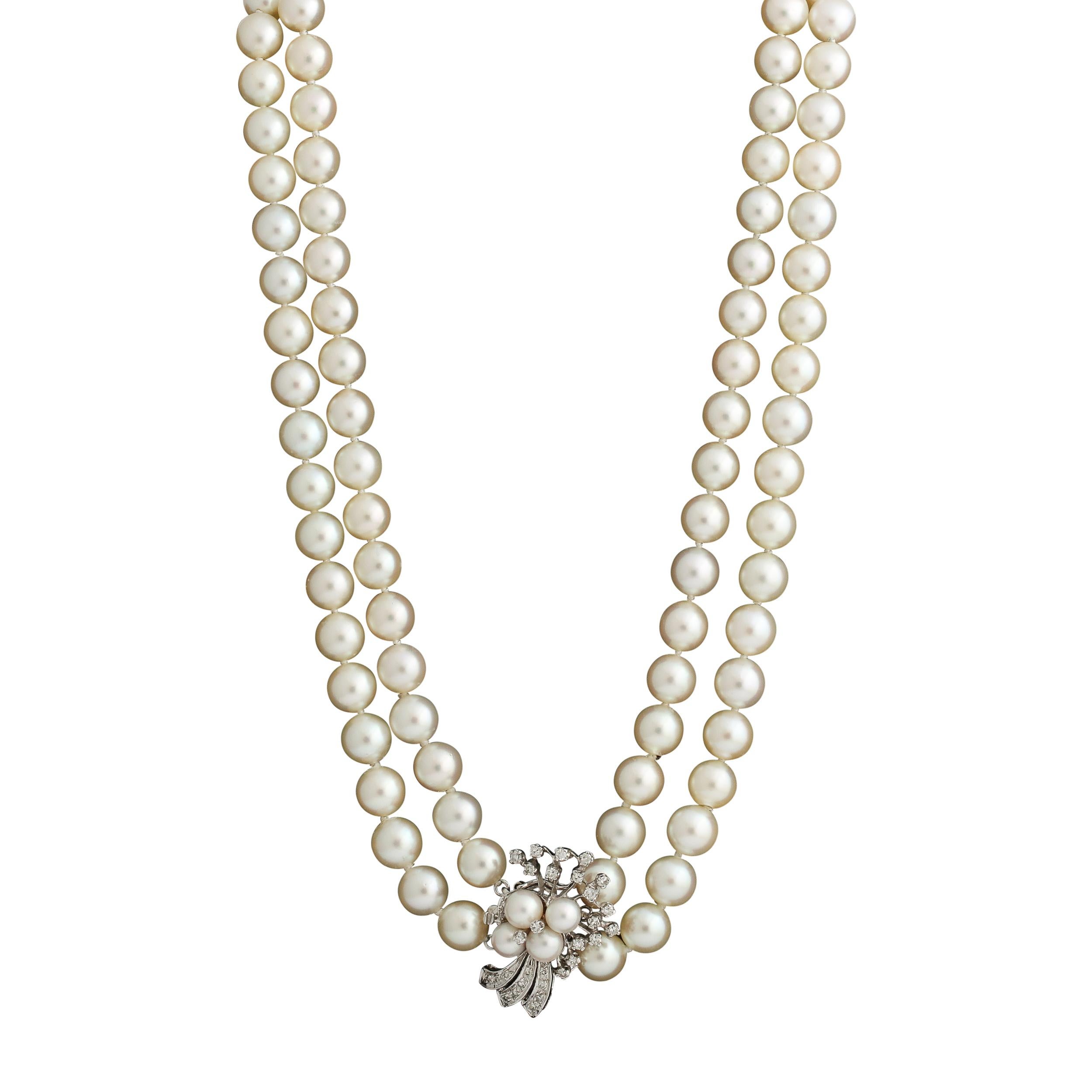 Single Cut Double Strand Pearl Necklace with A White Gold , Diamond & Pearl Clasp For Sale