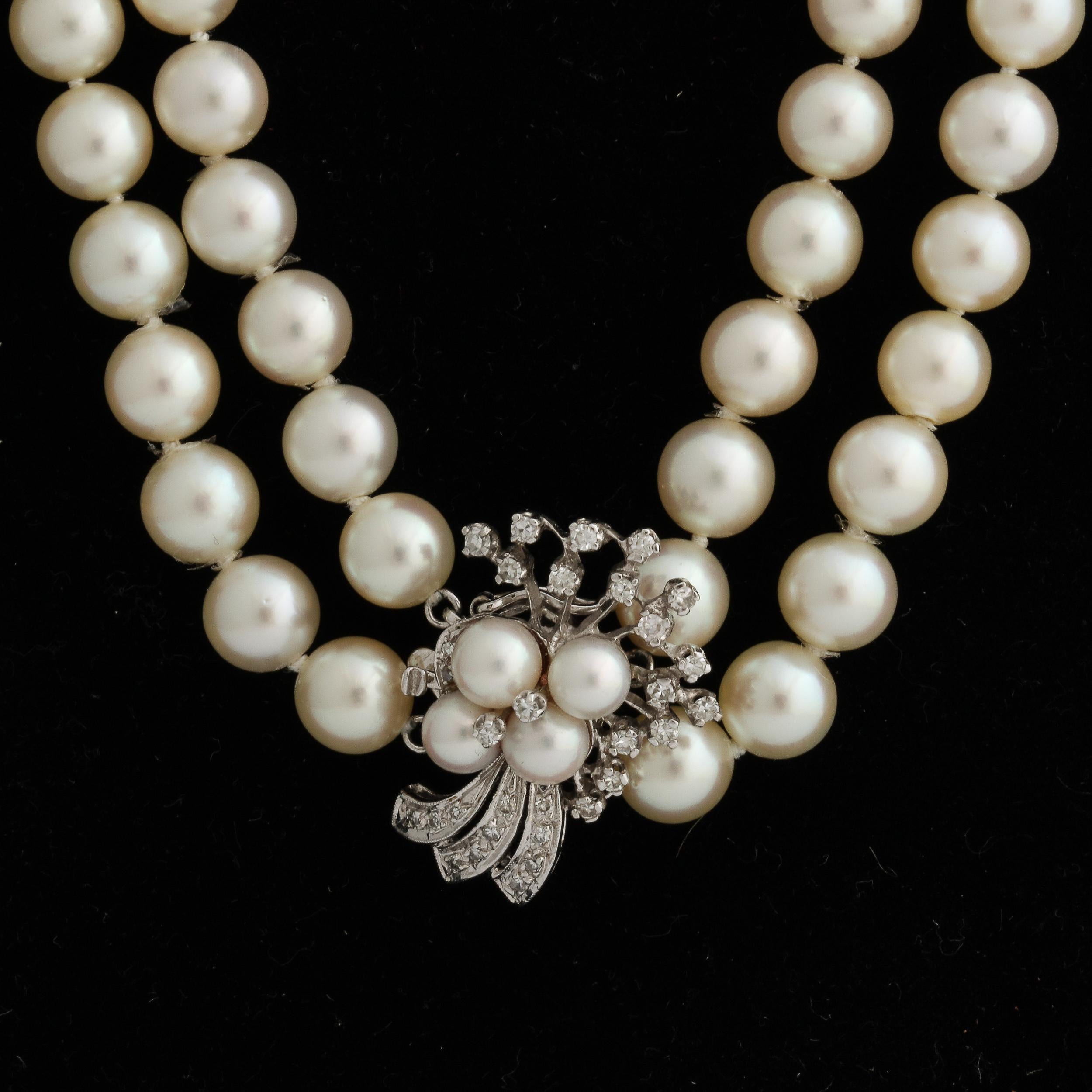 Women's or Men's Double Strand Pearl Necklace with A White Gold , Diamond & Pearl Clasp For Sale
