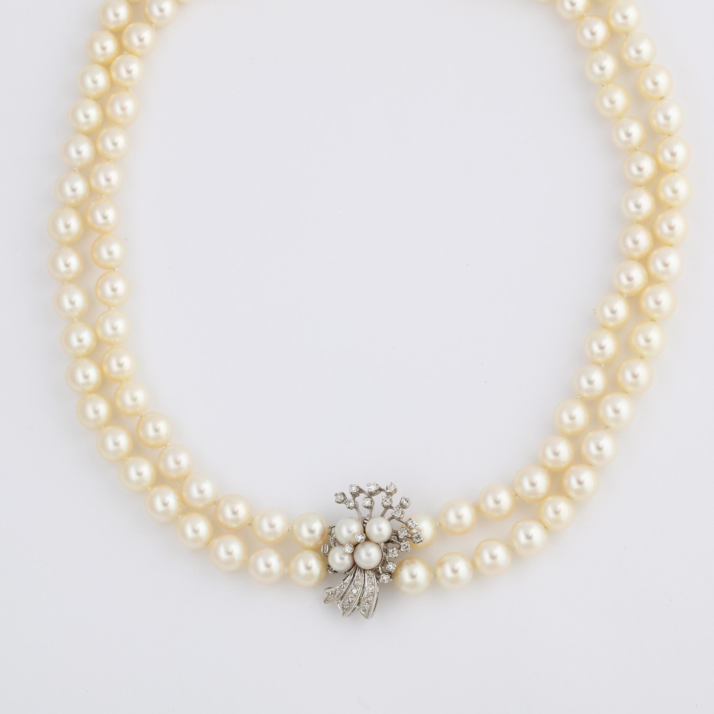 Double Strand Pearl Necklace with A White Gold , Diamond & Pearl Clasp For Sale 1
