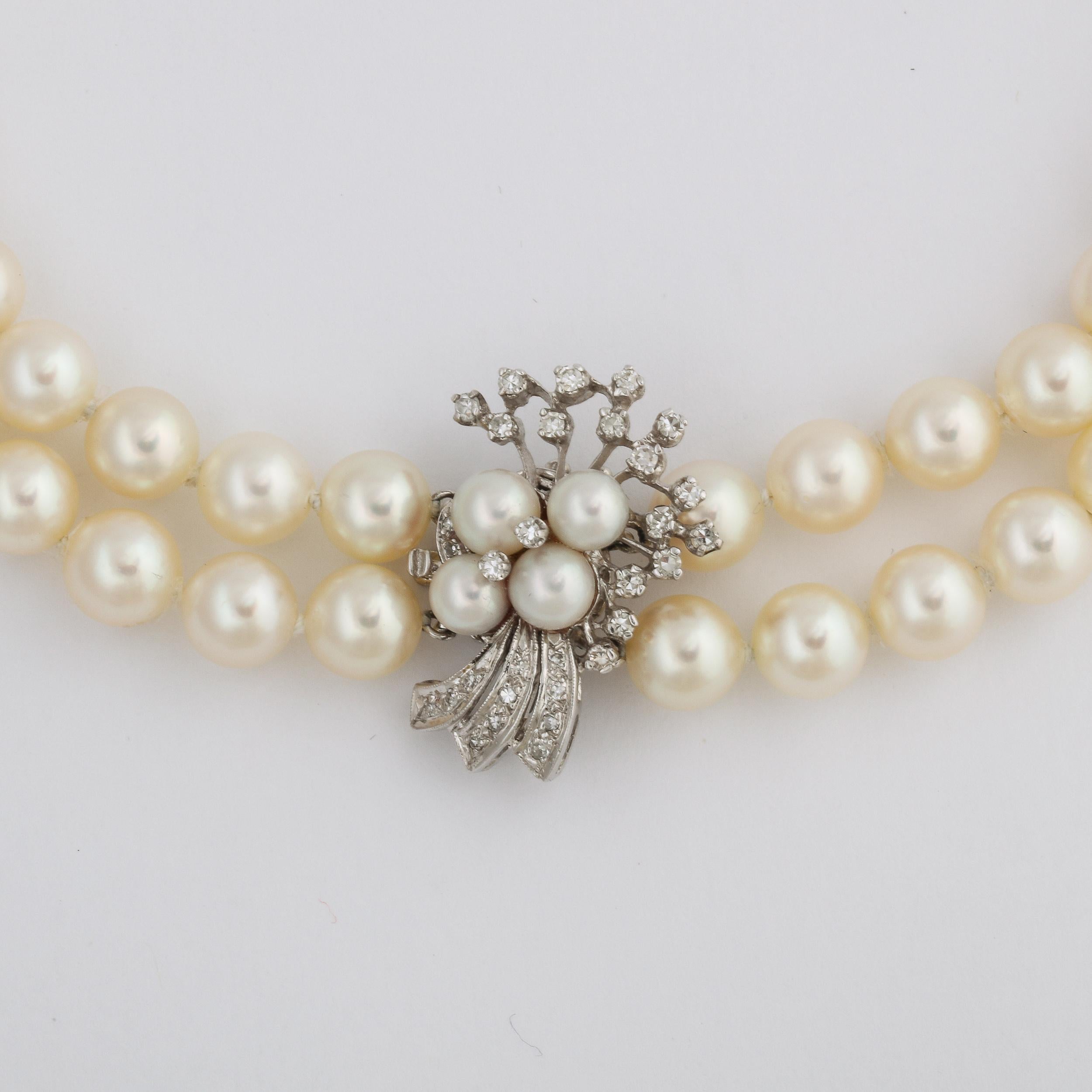 Double Strand Pearl Necklace with A White Gold , Diamond & Pearl Clasp For Sale 2