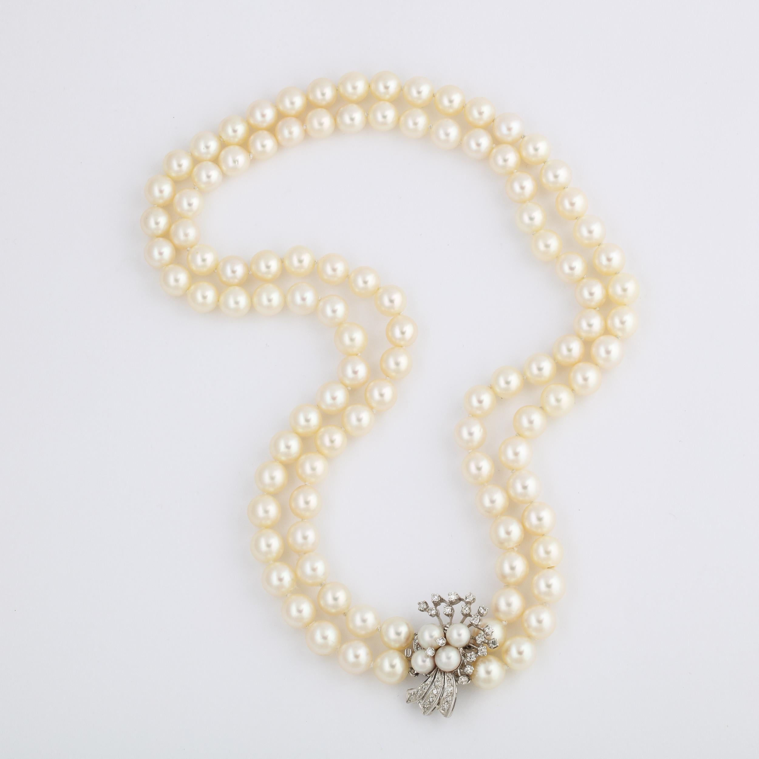 Double Strand Pearl Necklace with A White Gold , Diamond & Pearl Clasp For Sale 3