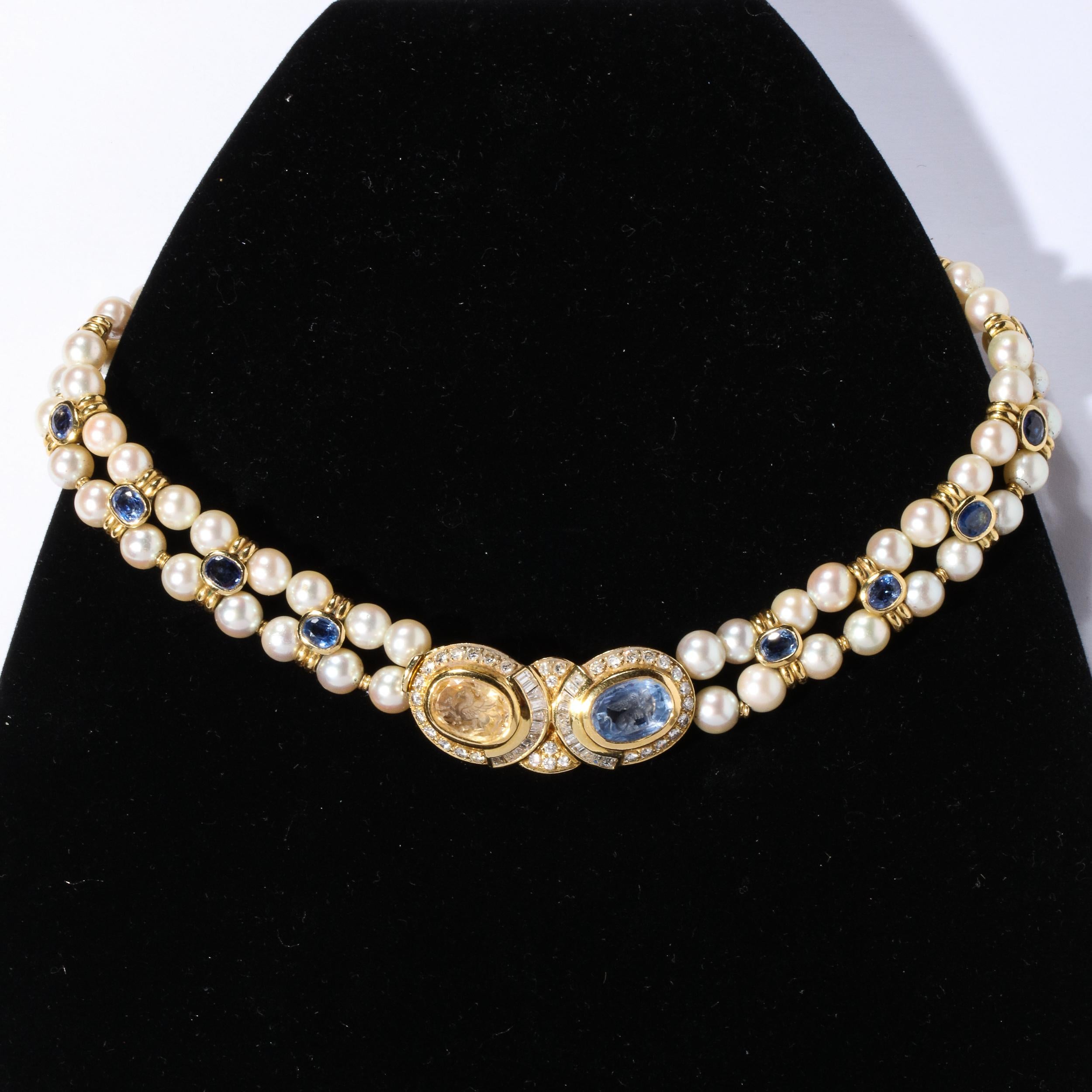 Double Strand Pearl Necklace  with Carved Citrine & Iolite, 18k and Diamonds  For Sale 6