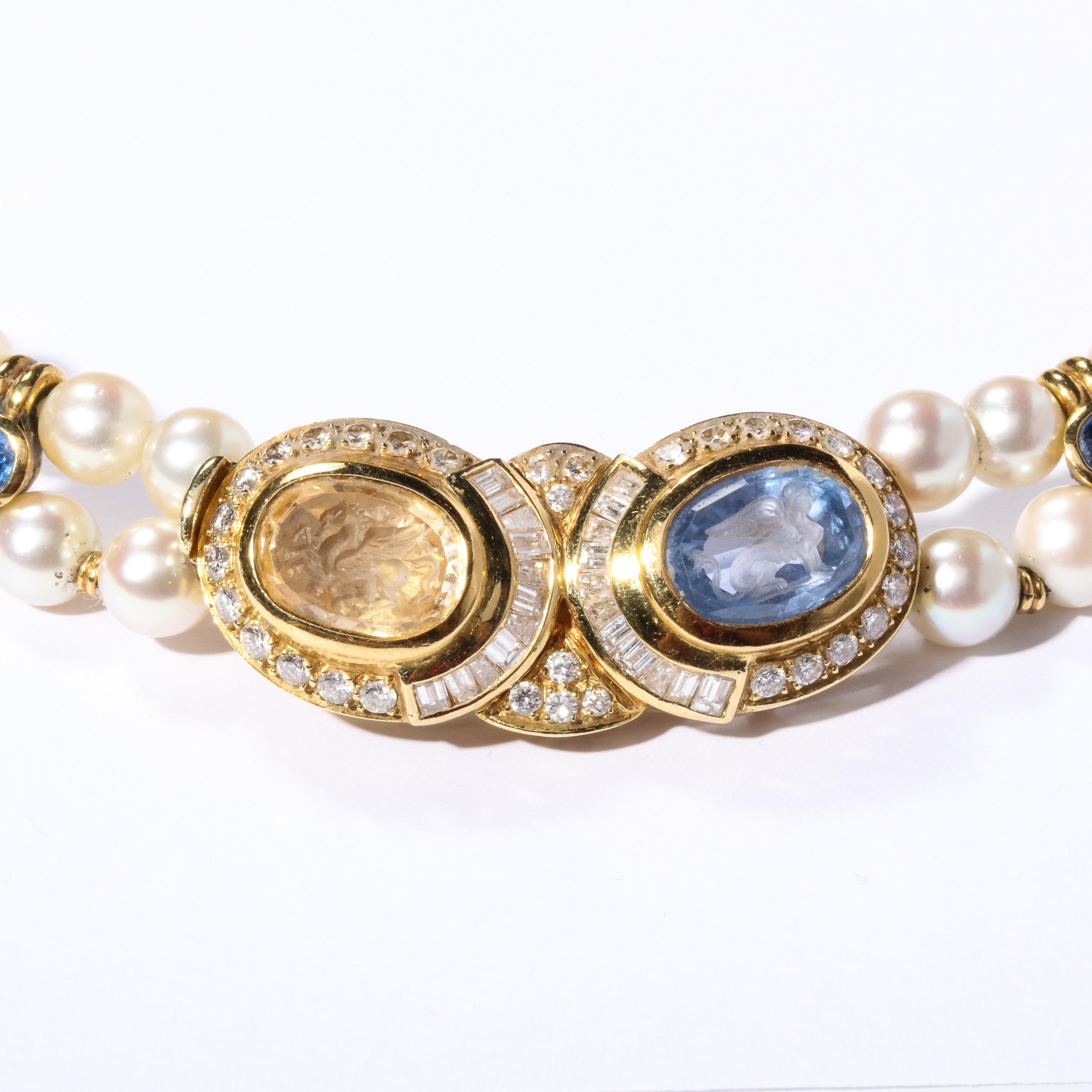 Neoclassical Double Strand Pearl Necklace  with Carved Citrine & Iolite, 18k and Diamonds  For Sale