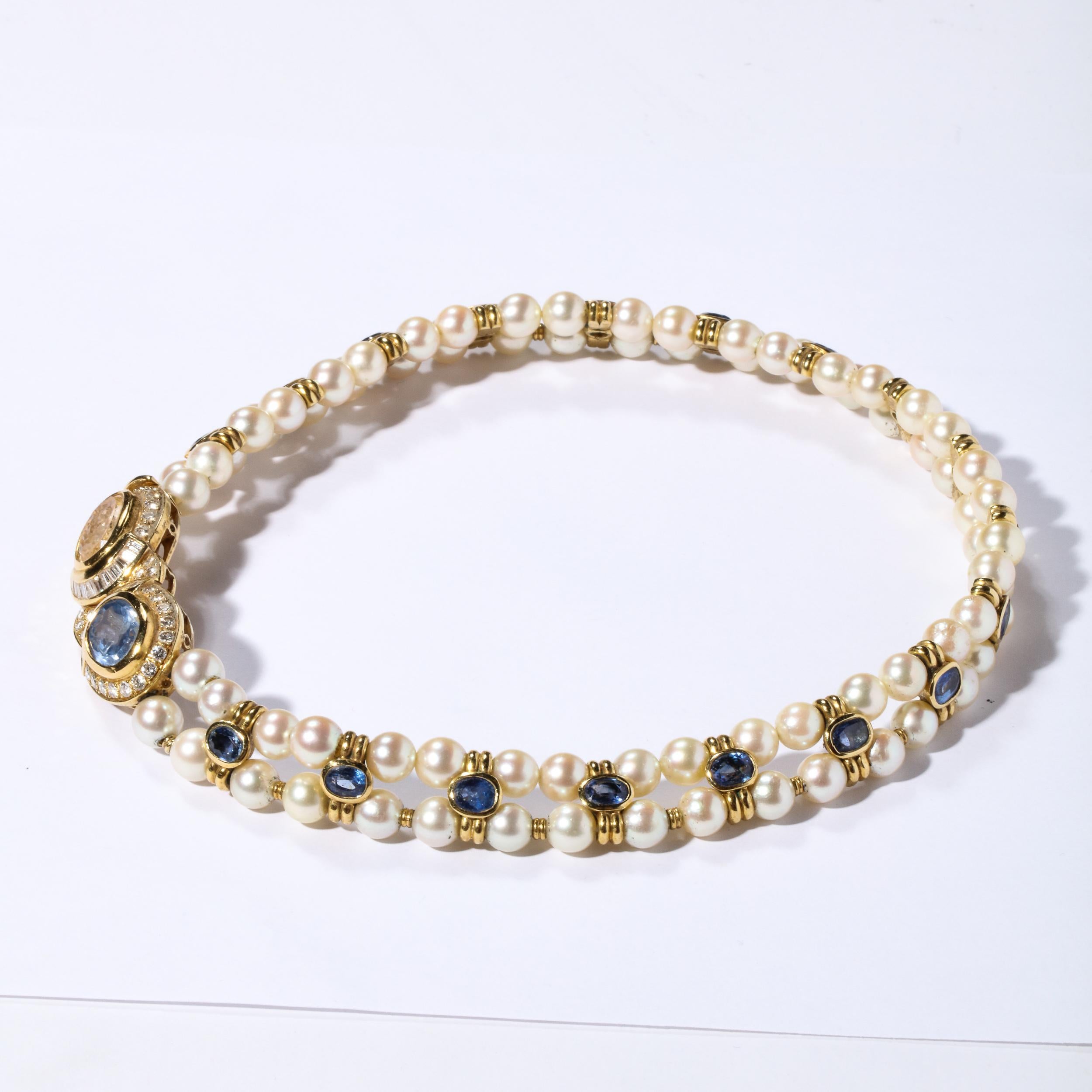 Double Strand Pearl Necklace  with Carved Citrine & Iolite, 18k and Diamonds  For Sale 1