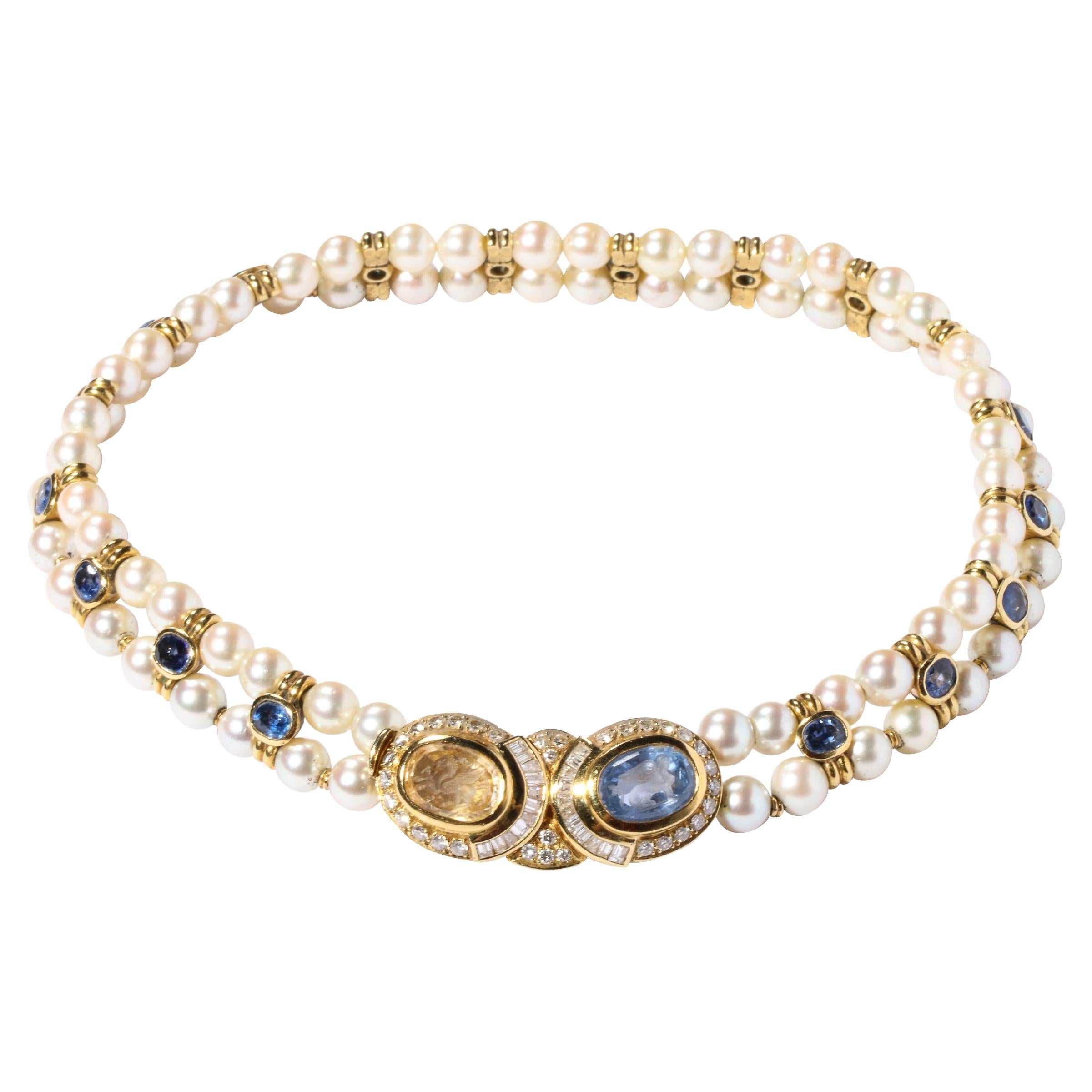 Double Strand Pearl Necklace  with Carved Citrine & Iolite, 18k and Diamonds