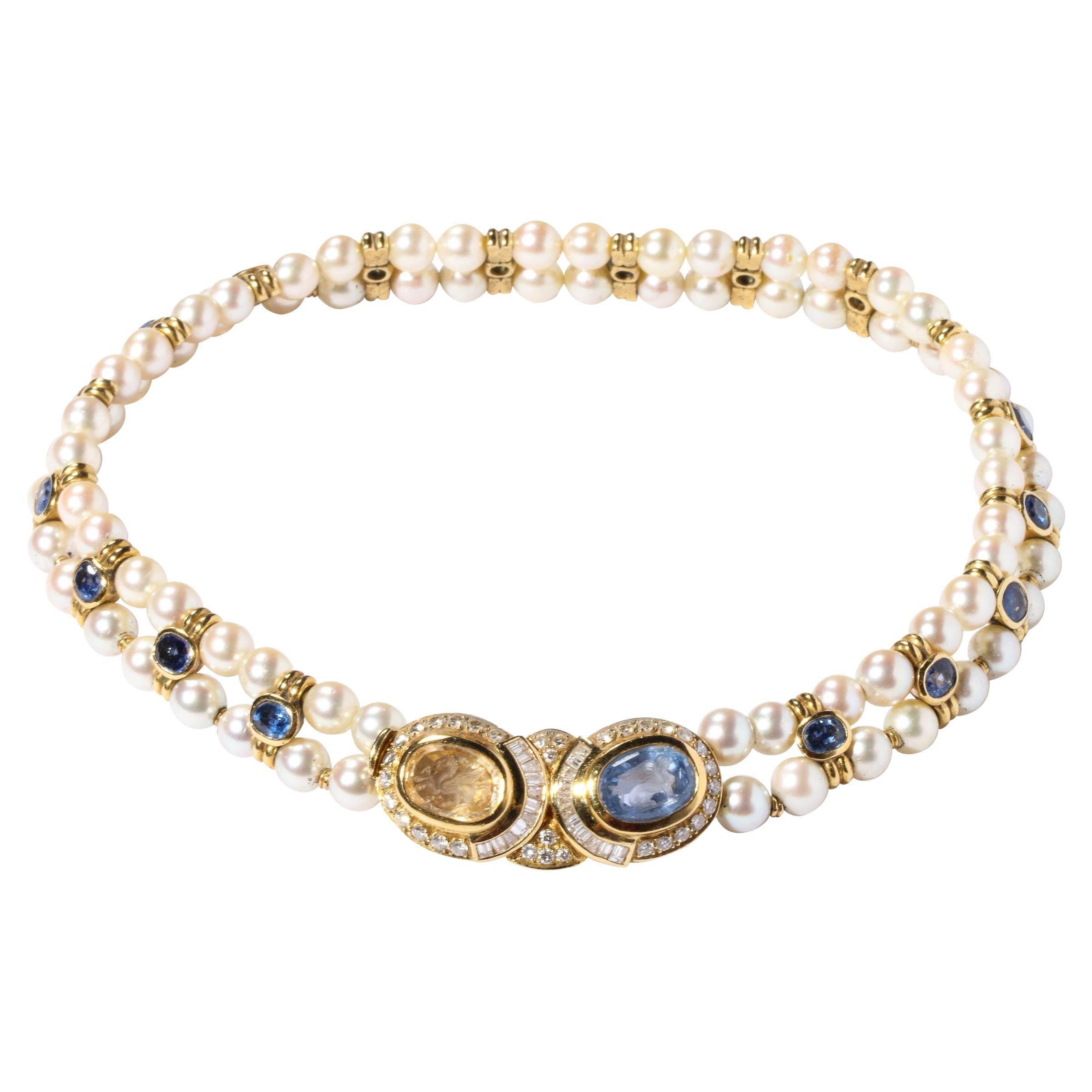 Double Strand Pearl Necklace  with Carved Citrine & Iolite, 18k and Diamonds 