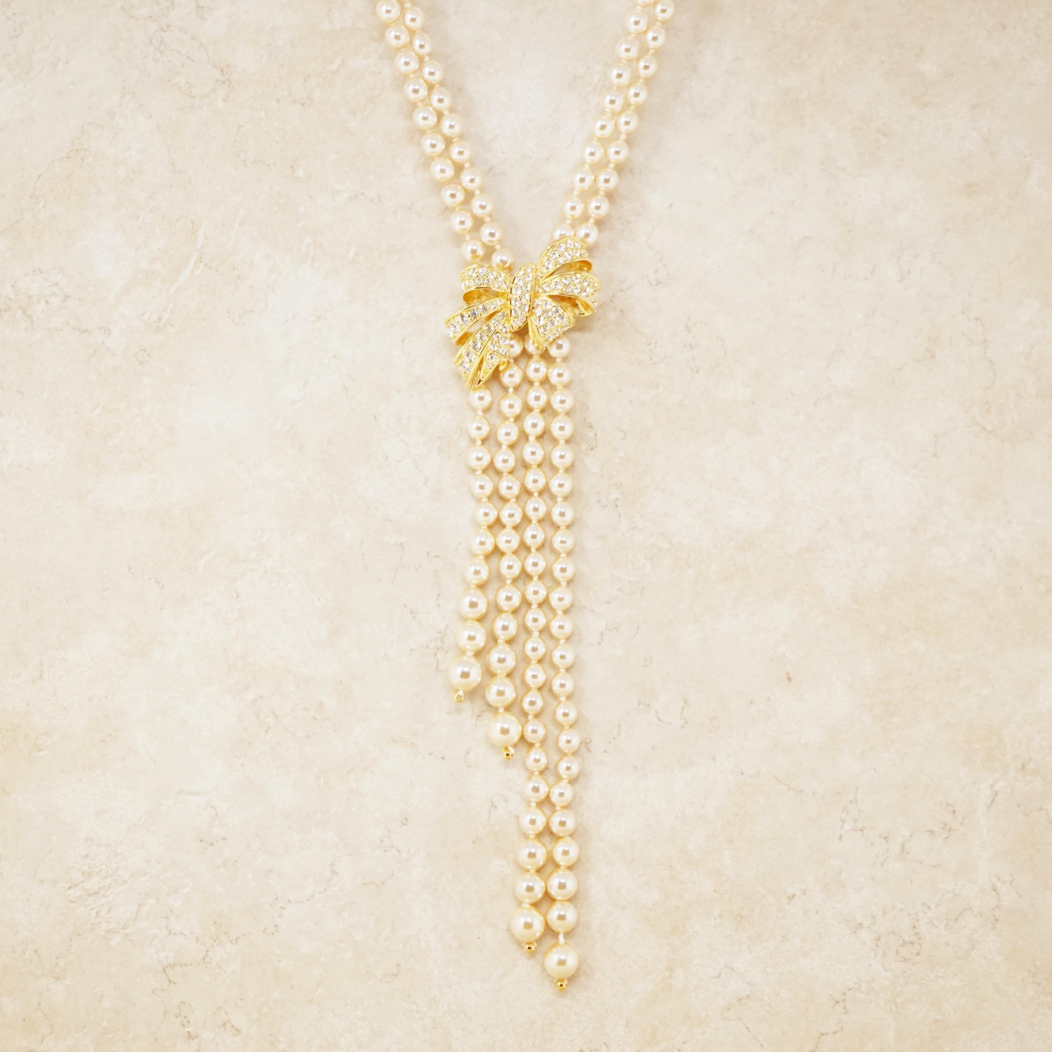 Double Strand Pearl Necklace with Detachable Bow Brooch by Nolan Miller, 1980s 1