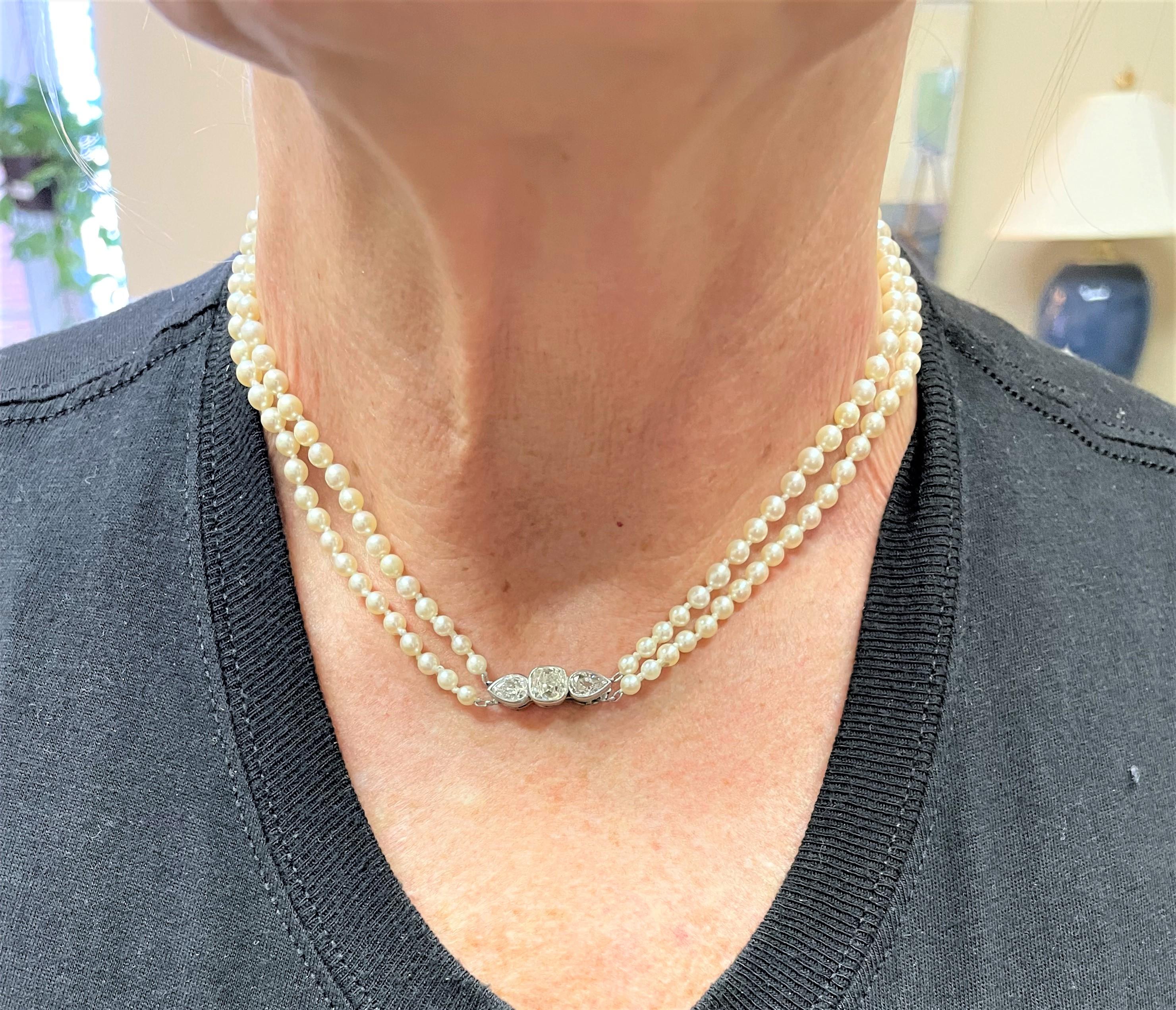 Double Strand Pearl Necklace with Diamond Clasp For Sale 2
