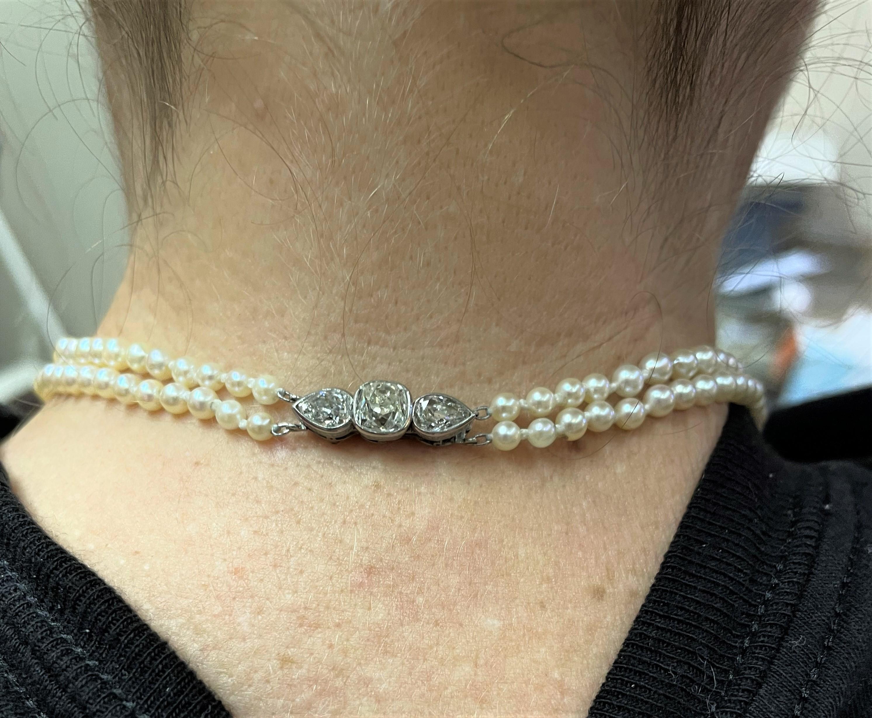 Double Strand Pearl Necklace with Diamond Clasp For Sale 3