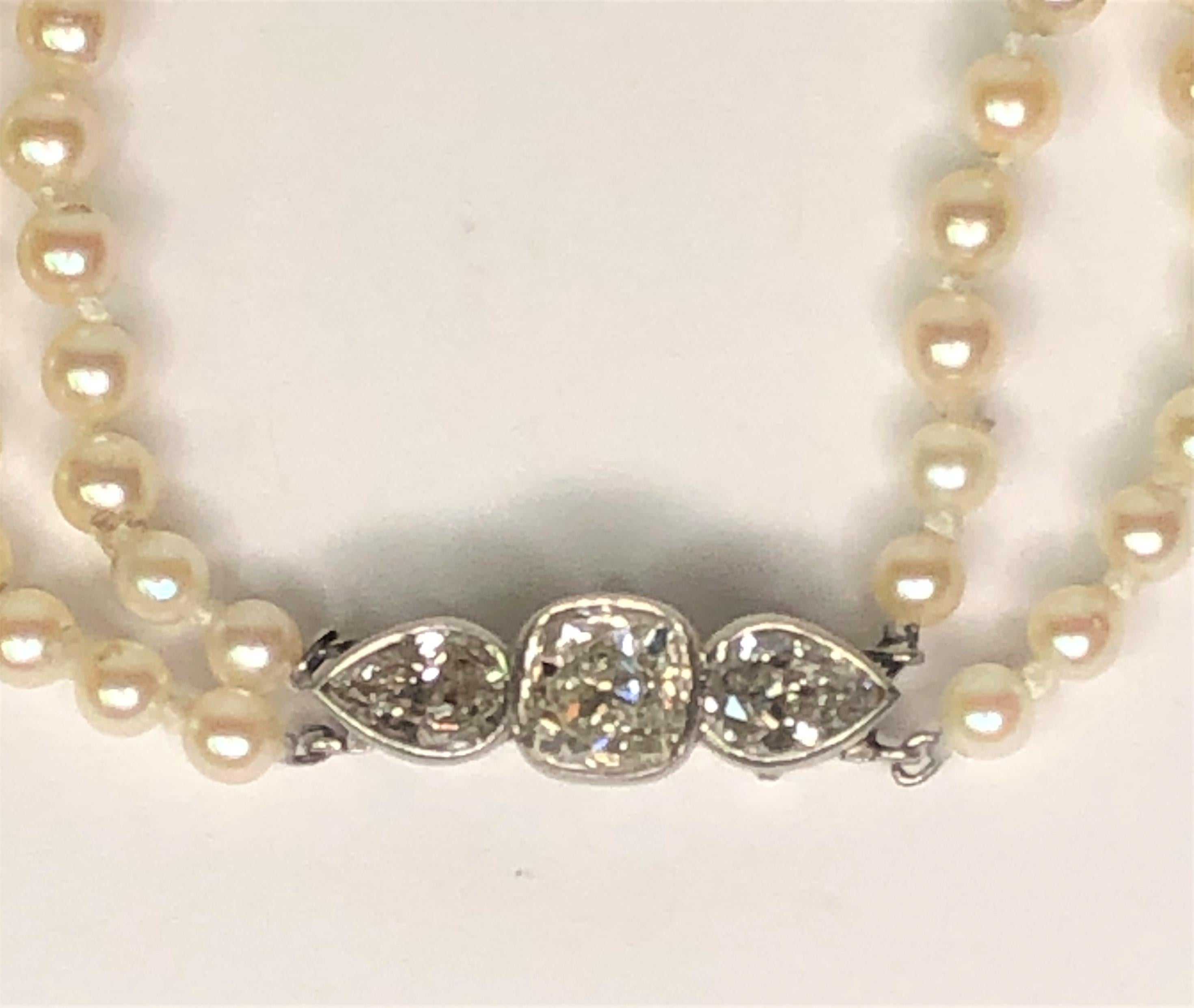 Perlenkette mit Diamantverschluss, zweireihig (Alteuropäischer Brillantschliff) im Angebot