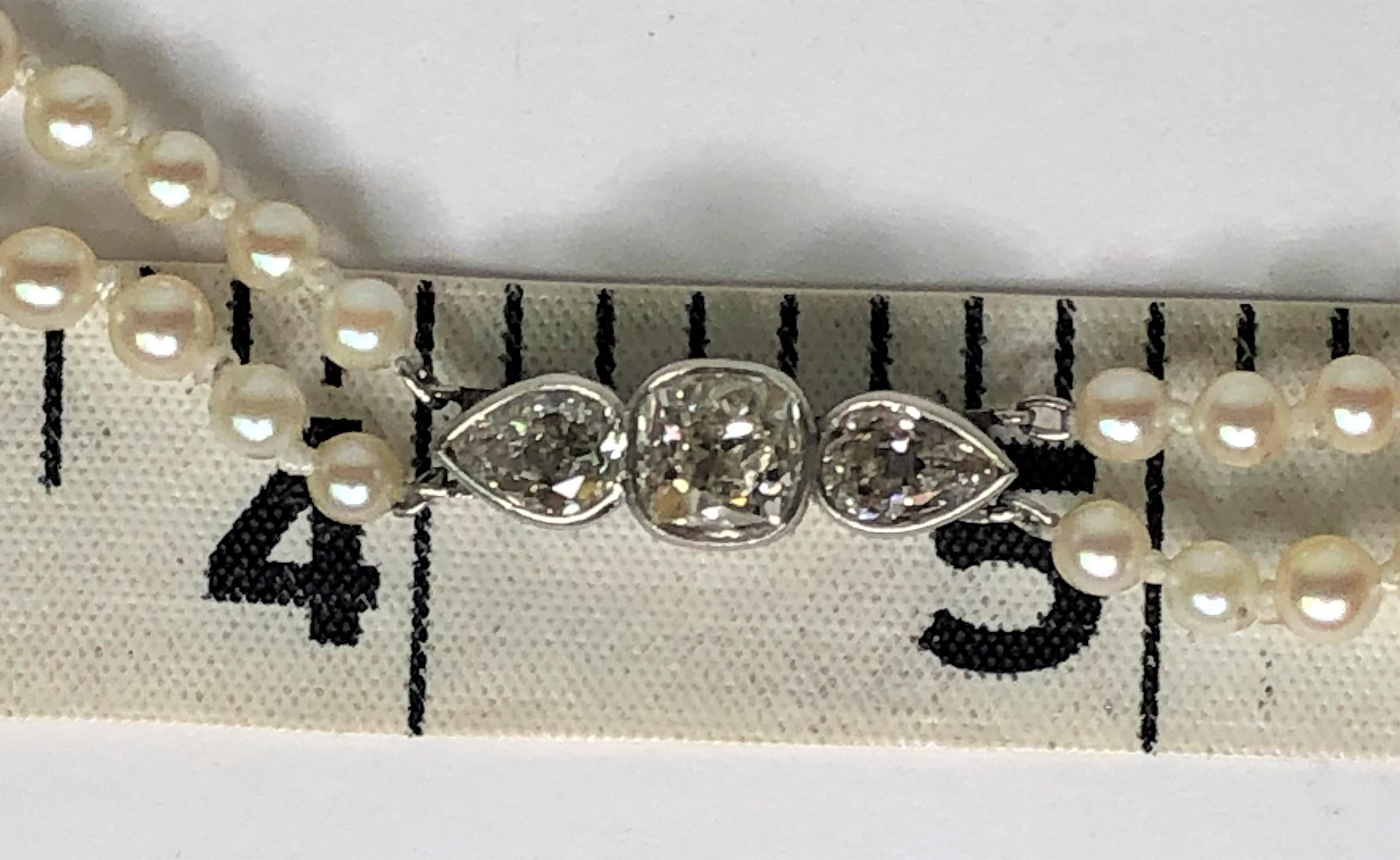 Old Mine Cut Double Strand Pearl Necklace with Diamond Clasp For Sale