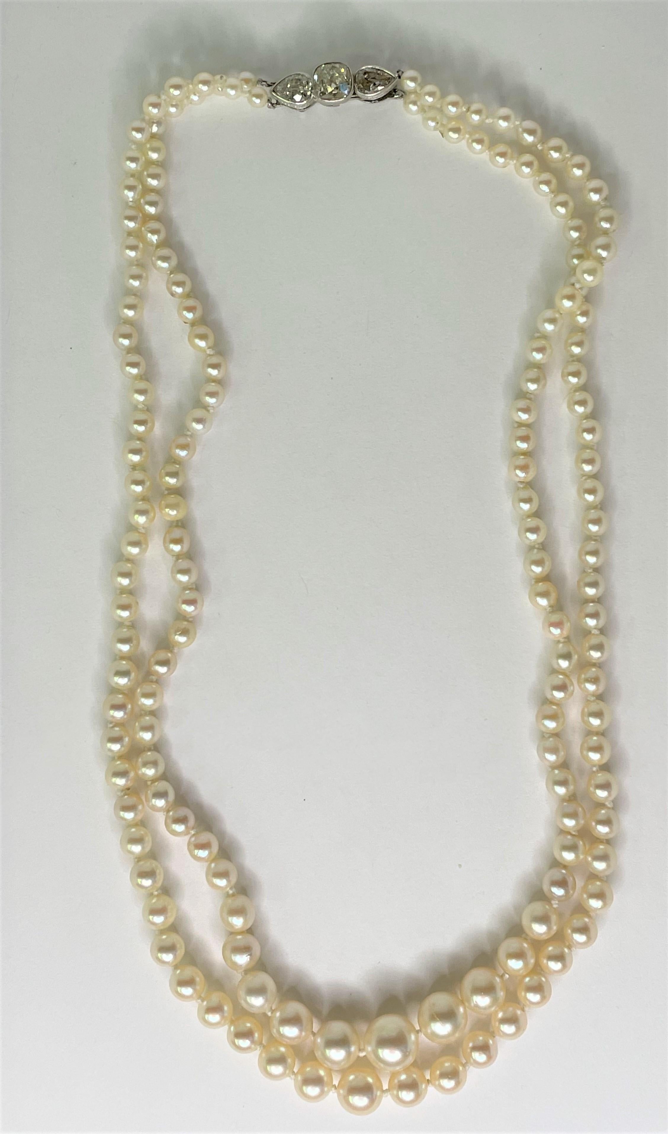 Women's or Men's Double Strand Pearl Necklace with Diamond Clasp For Sale