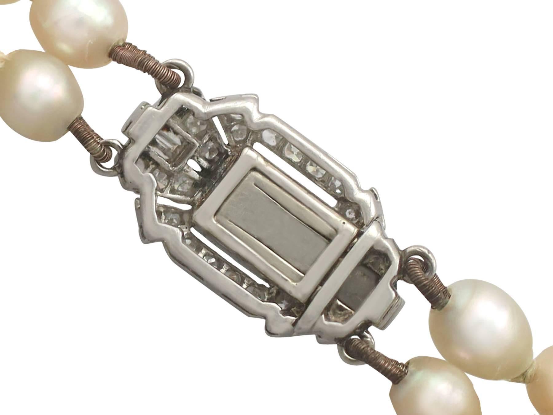 Cabochon Art Deco Style Double Strand Pearl Necklace with White Gold and Diamond Clasp