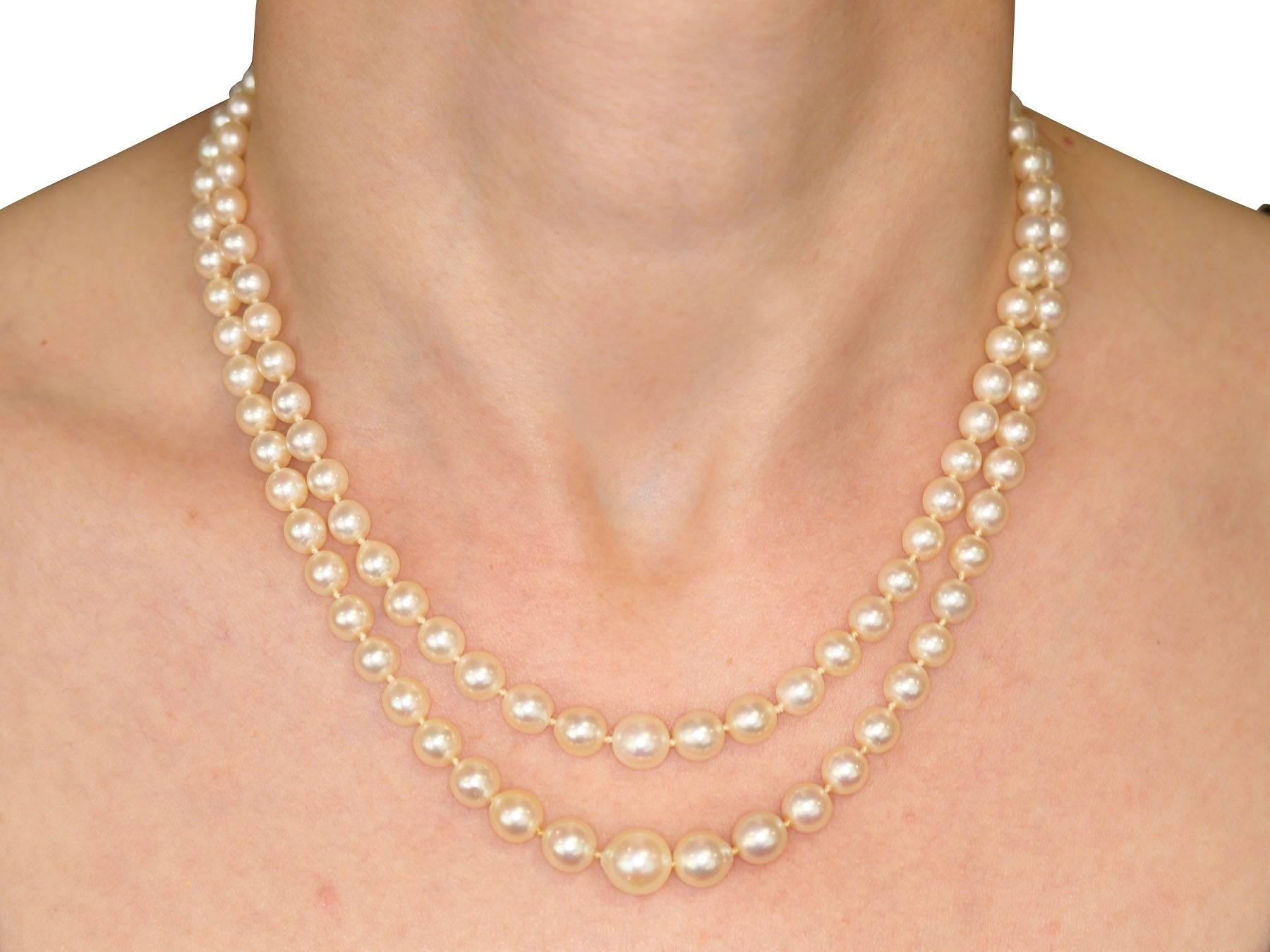 Women's or Men's Art Deco Style Double Strand Pearl Necklace with White Gold and Diamond Clasp