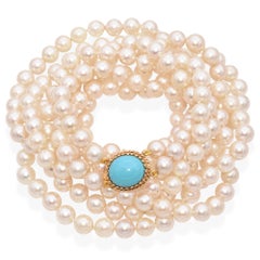 Double Strand Pearl Necklace with Yellow Gold Turquoise Clasp
