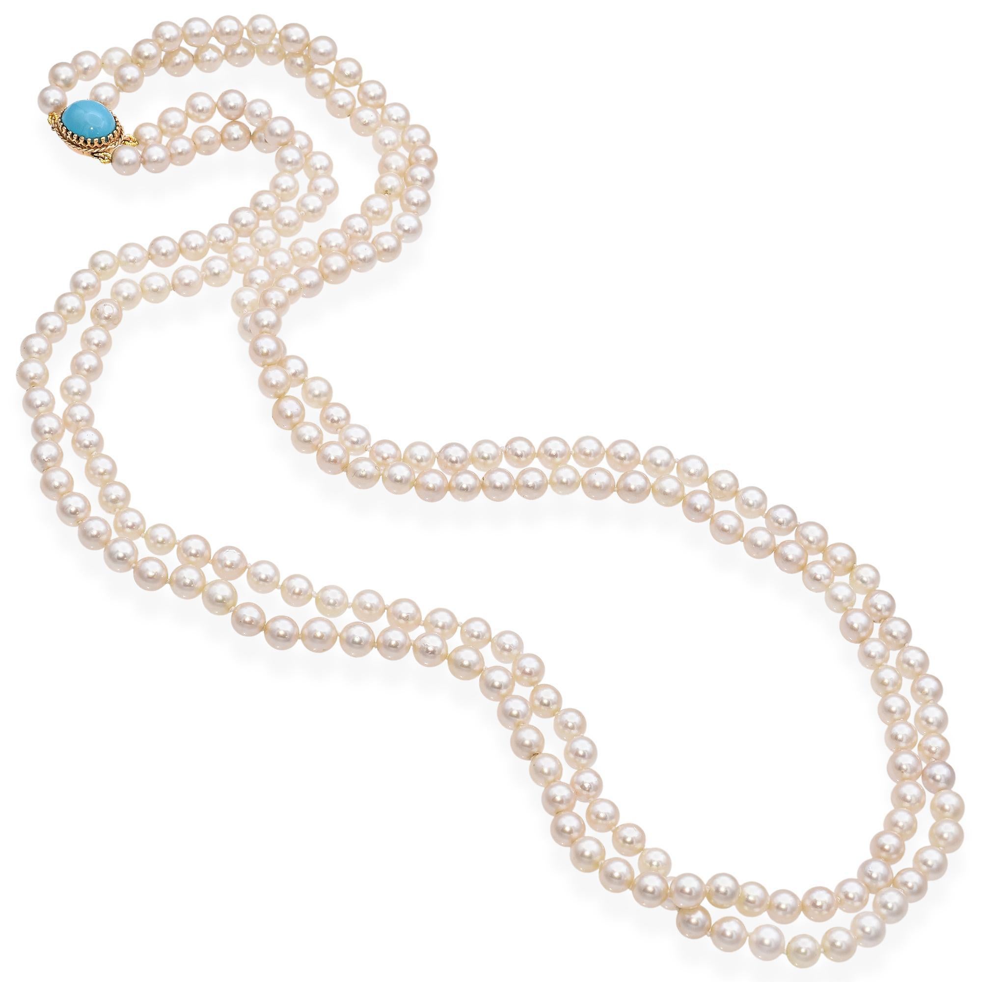 Cabochon Double Strand Pearl Necklace with Yellow Gold Turquoise Clasp For Sale