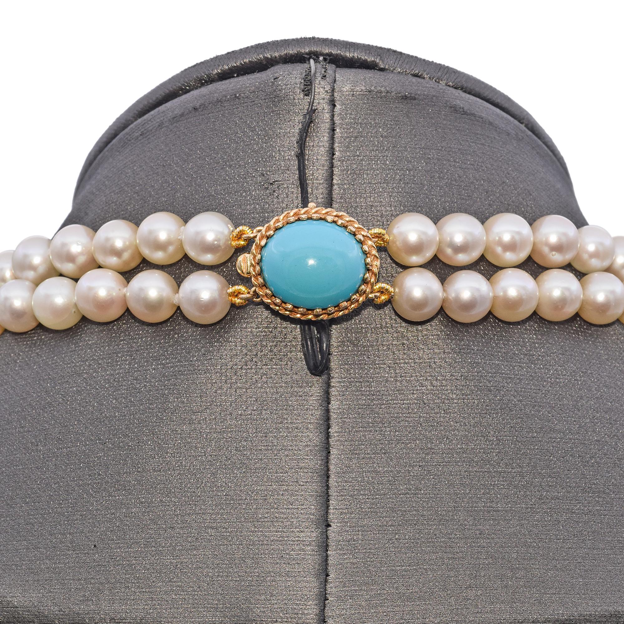Women's Double Strand Pearl Necklace with Yellow Gold Turquoise Clasp For Sale