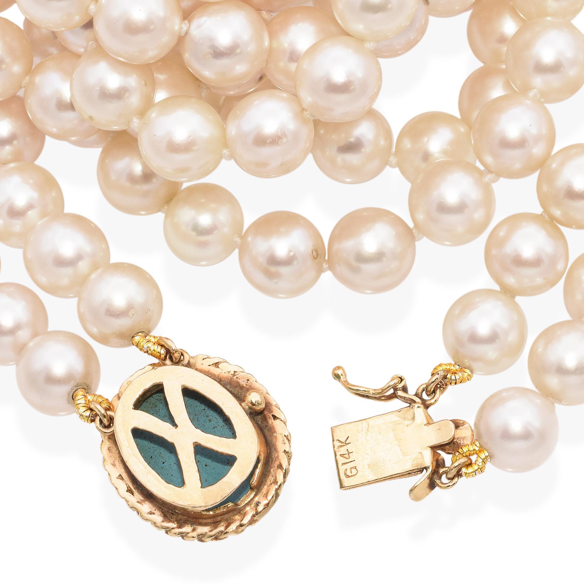 Double Strand Pearl Necklace with Yellow Gold Turquoise Clasp For Sale 1