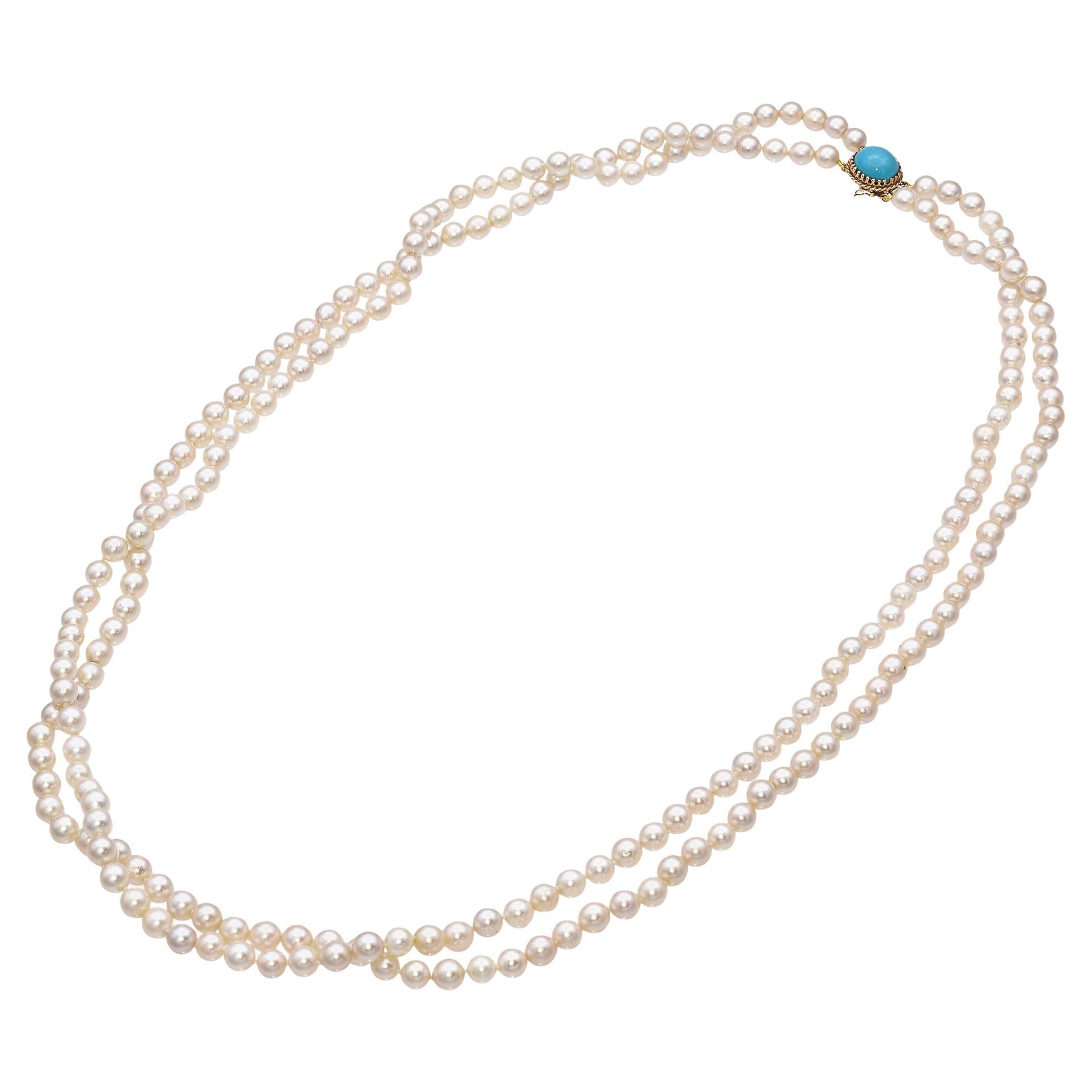 Double Strand Pearl Necklace with Yellow Gold Turquoise Clasp For Sale