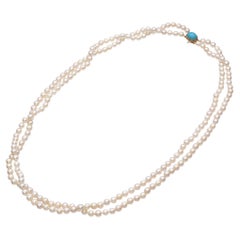 Double Strand Pearl Necklace with Yellow Gold Turquoise Clasp