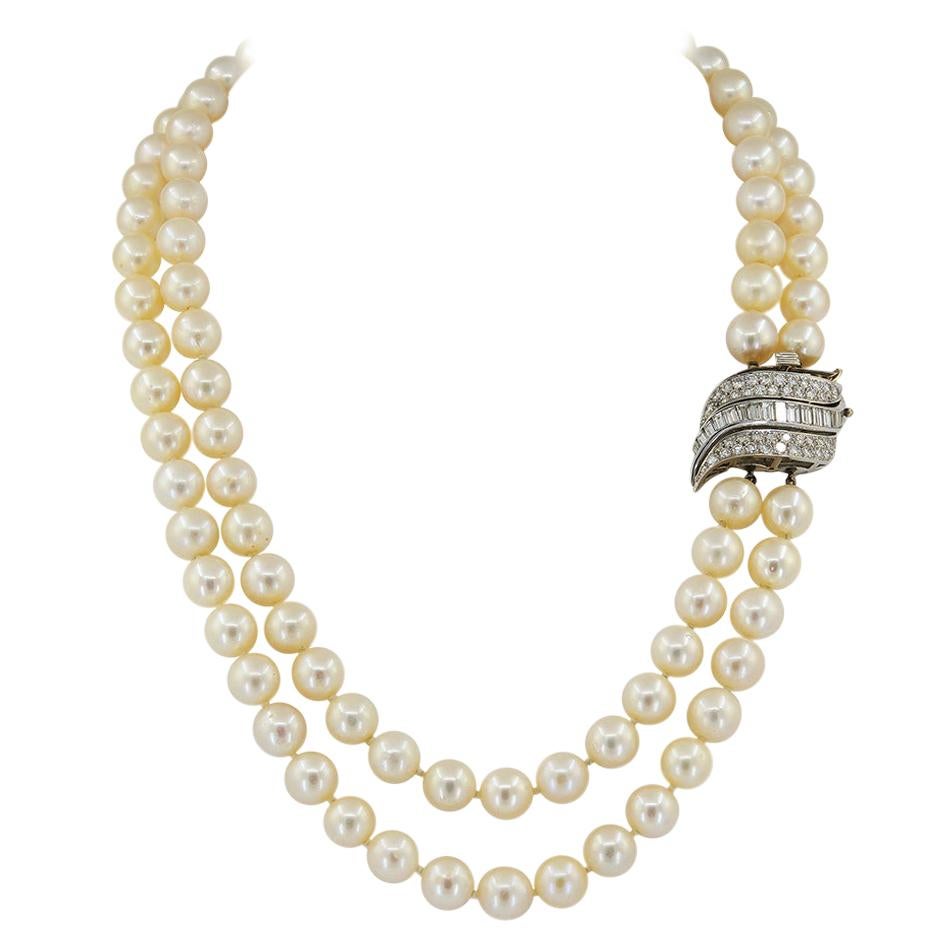 Double Strand Diamond Pearl White Gold Rivière Necklace