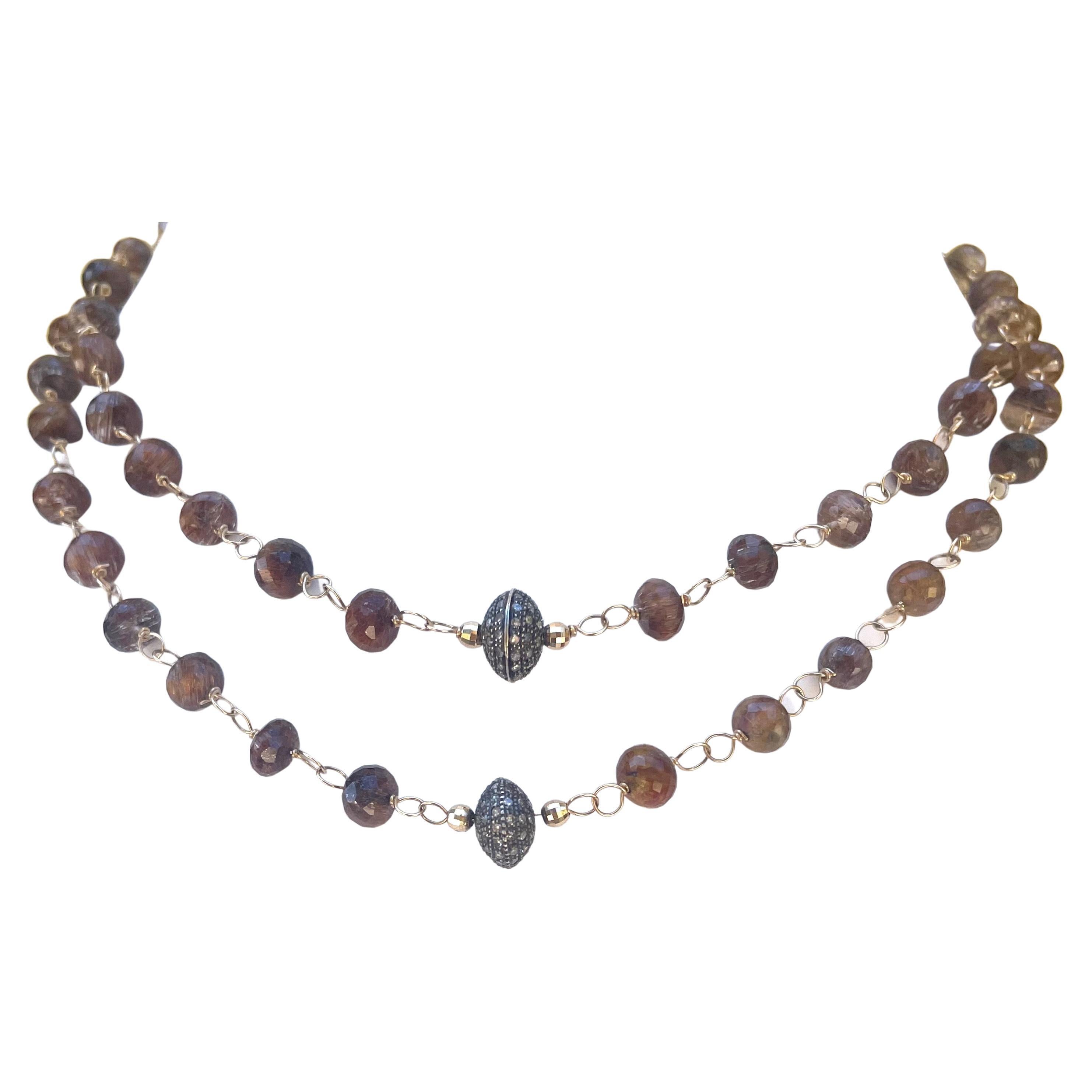 Bead Double Strand Red Rutilated Quartz with Pave Diamonds Accents Necklace For Sale