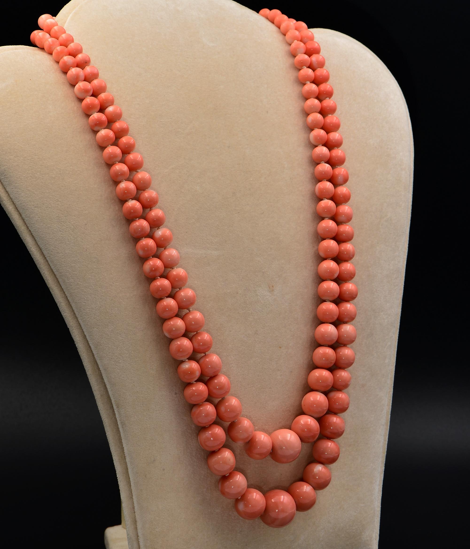 Contemporary Double Strand Salmon Red Coral Necklace Diamond Clasp For Sale