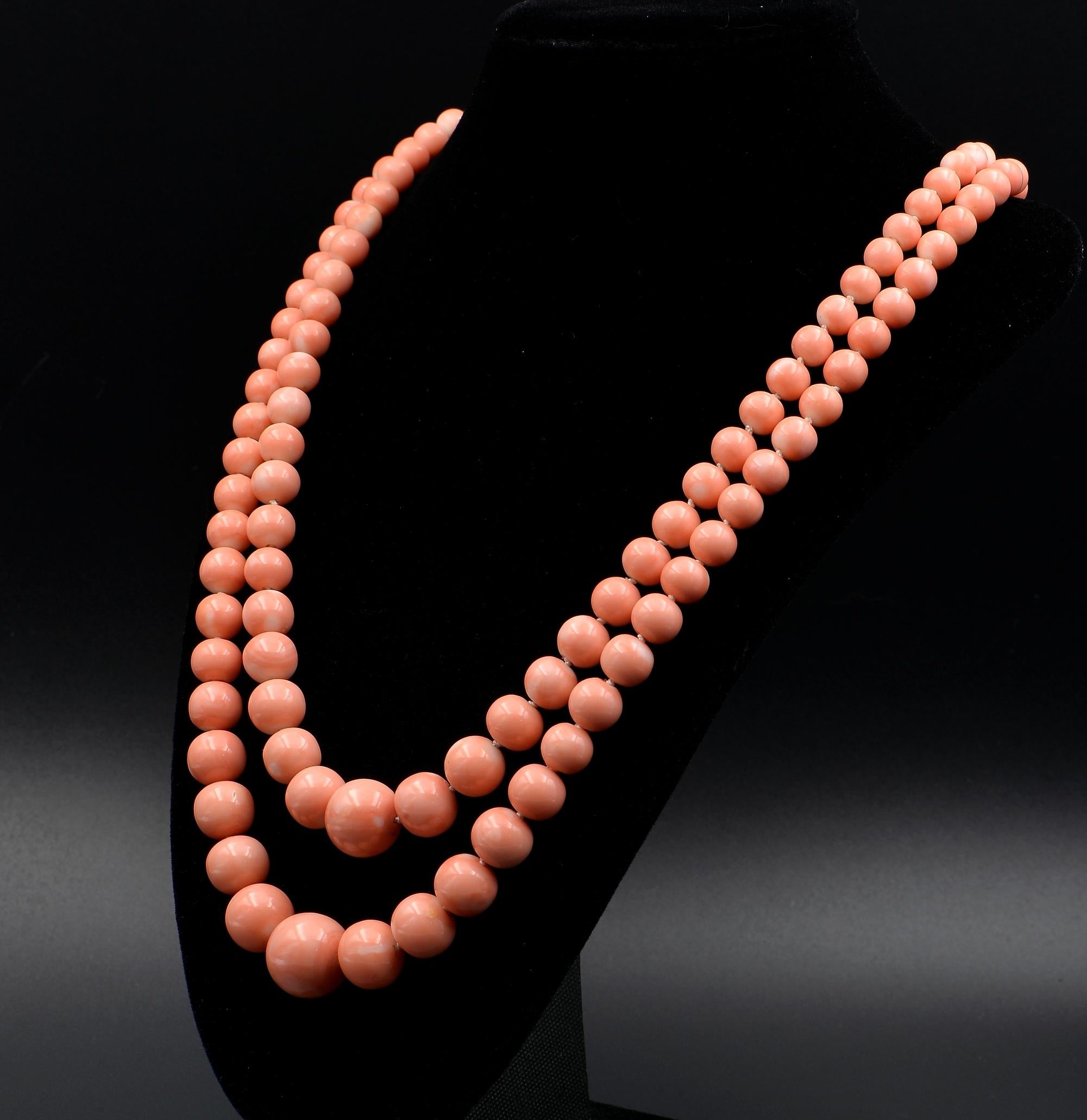 Women's or Men's Double Strand Salmon Red Coral Necklace Diamond Clasp For Sale