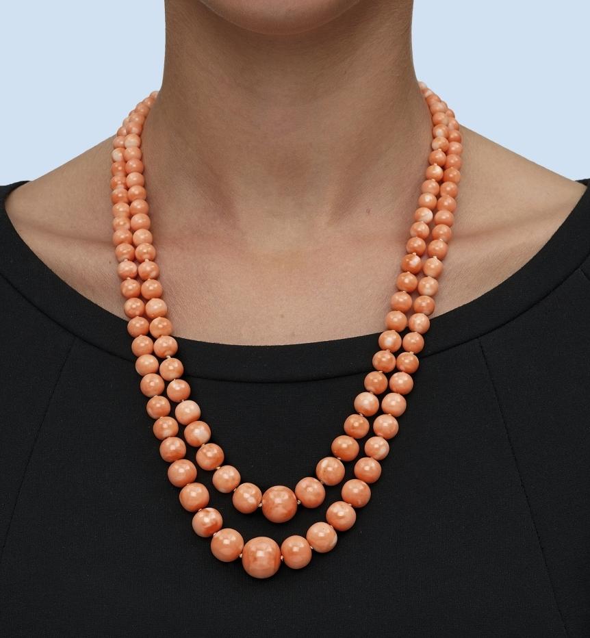 Double Strand Salmon Red Coral Necklace Diamond Clasp For Sale 2
