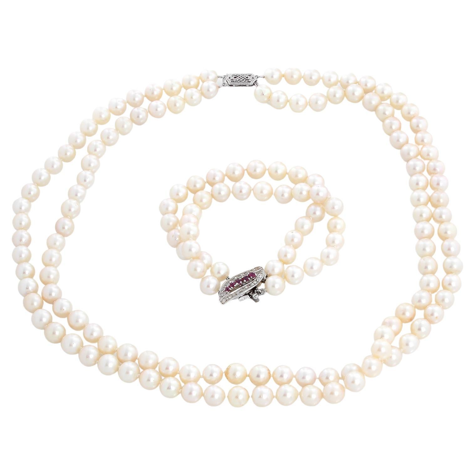 Double Strand Salt Water Pearl Necklace & Bracelet For Sale