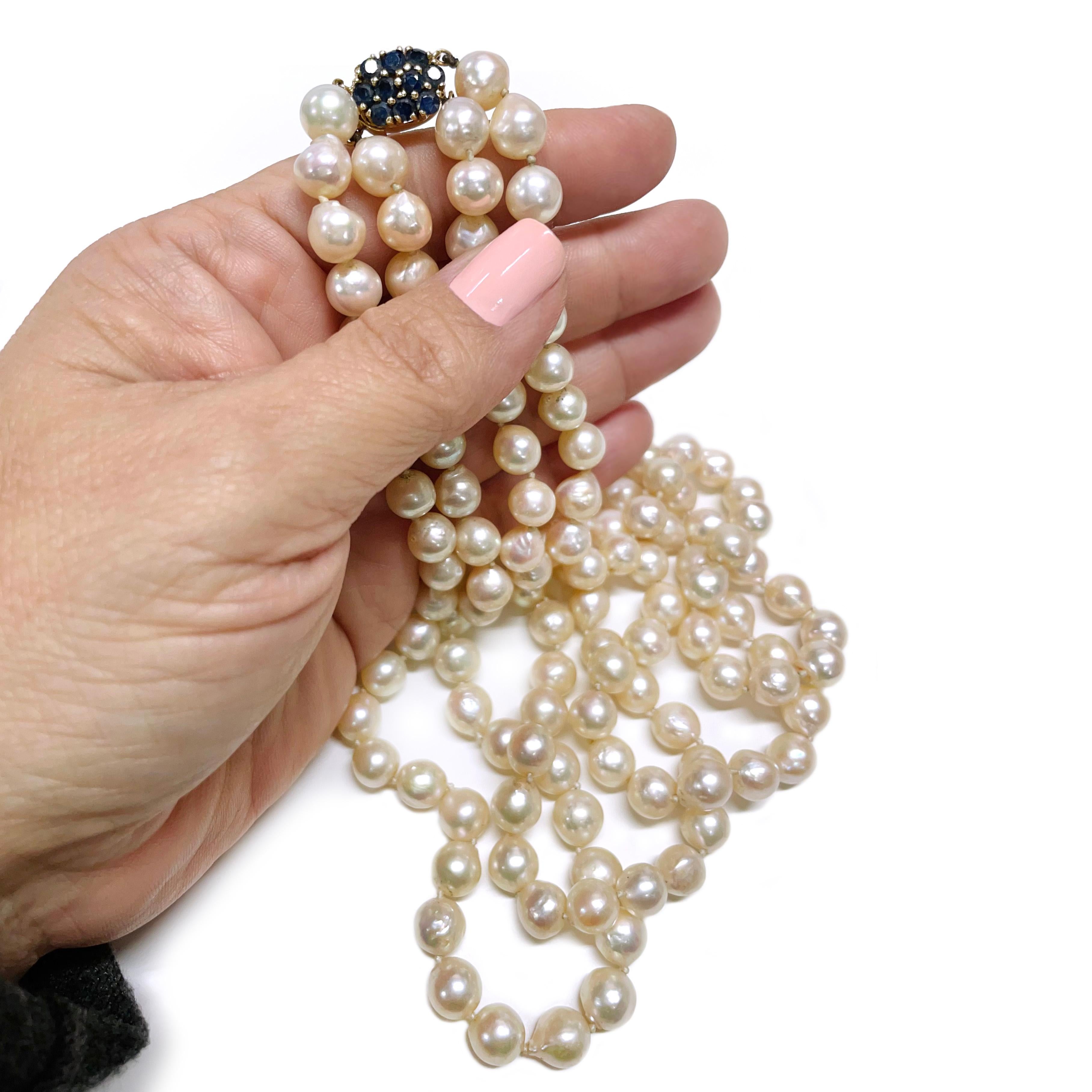 Double Strand Semi-Baroque Pearl Sapphire Necklace In Good Condition For Sale In Palm Desert, CA