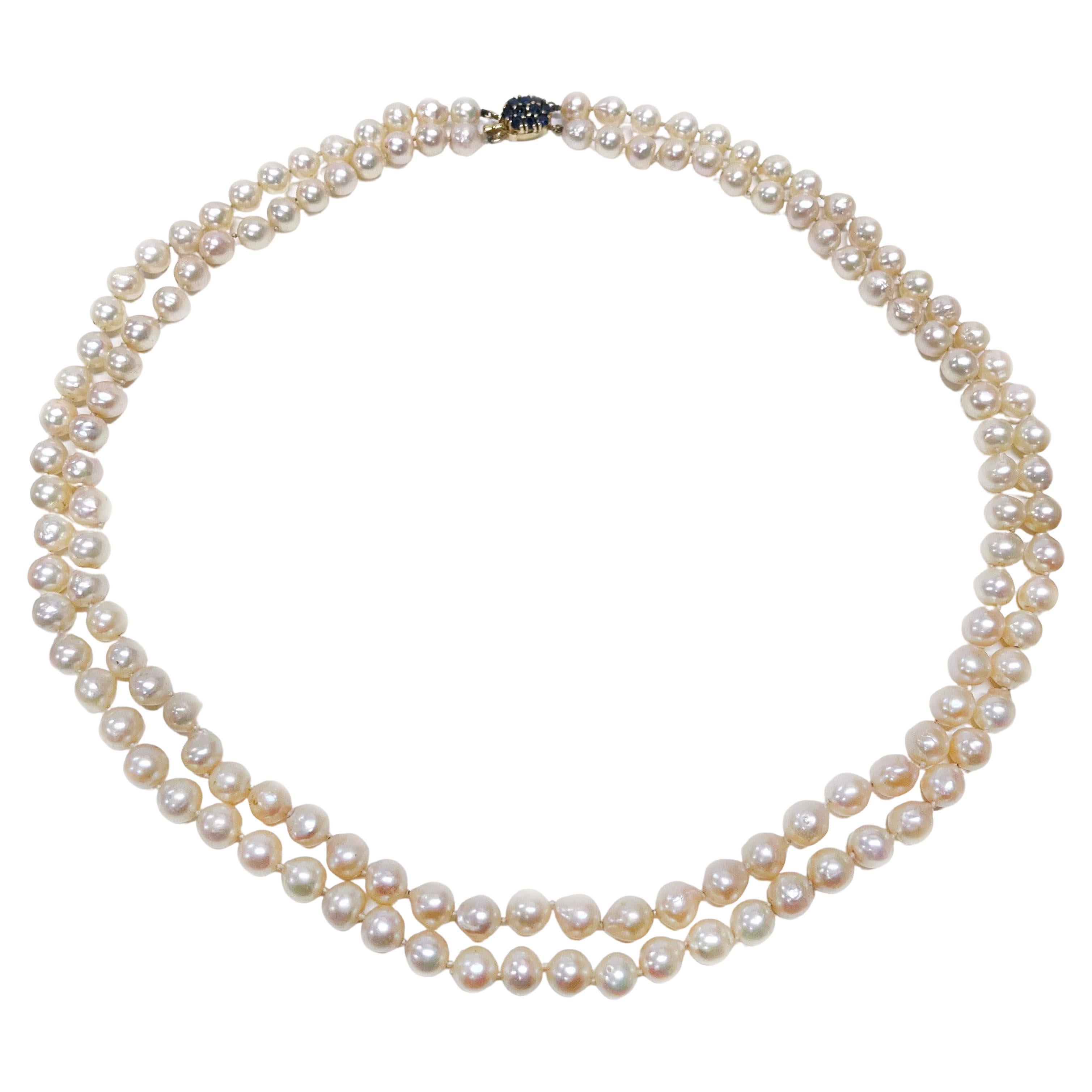 Double Strand Semi-Baroque Pearl Sapphire Necklace For Sale