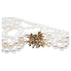 Antique Double Strand South Sea 7.5mm Pearl & Diamond Floral Motif Necklace in 18K Gold