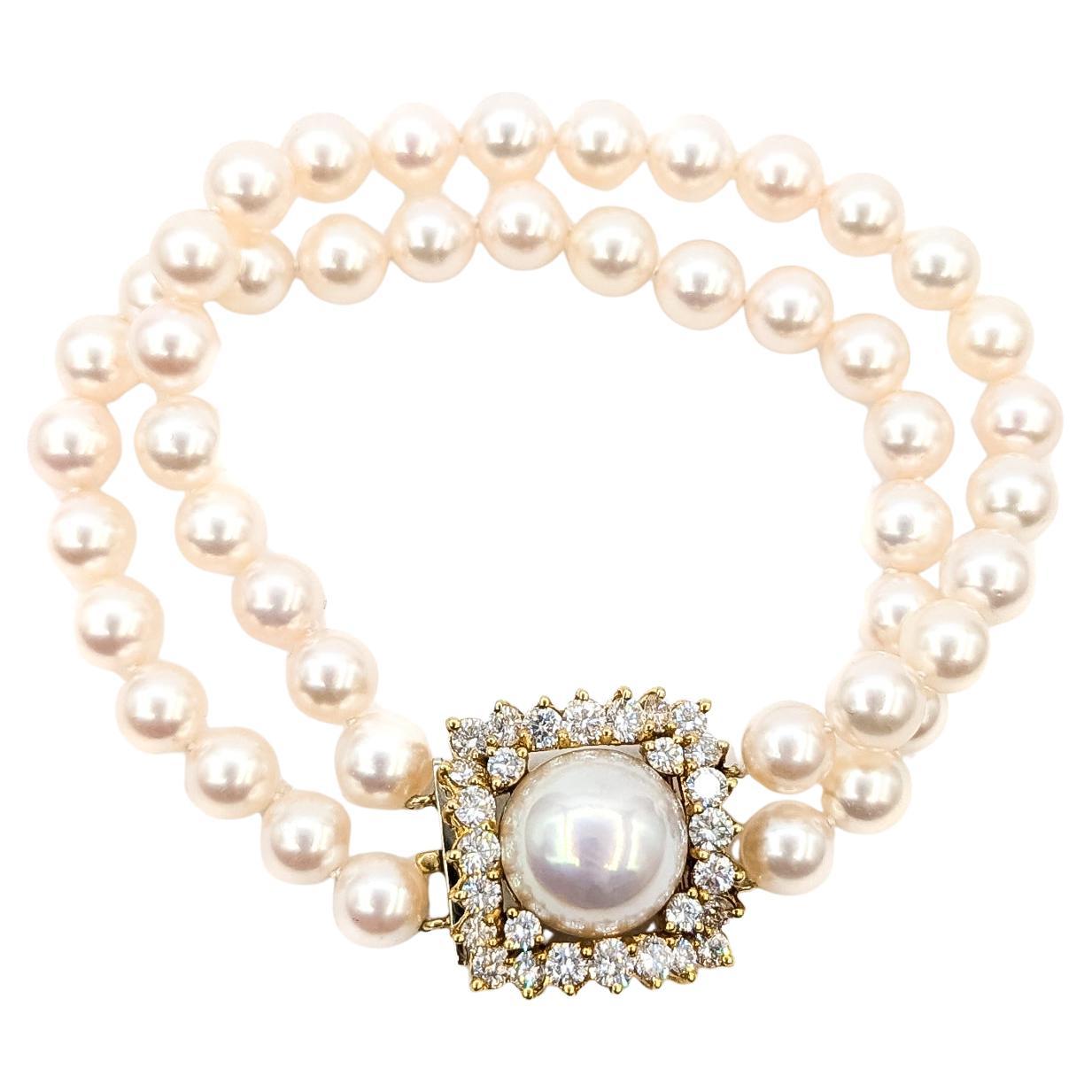 Bracciale a doppio filo con perle dei mari del sud e diamanti in oro giallo 18 carati in vendita