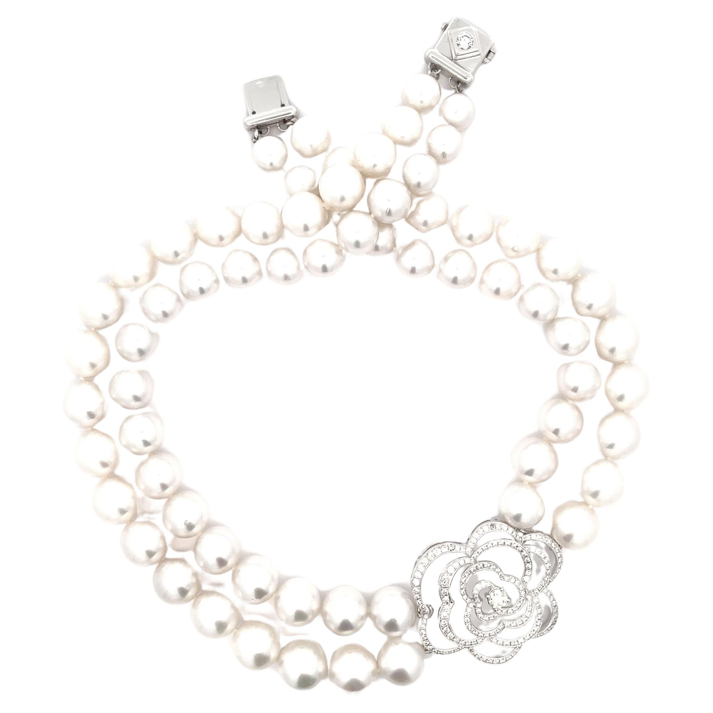 Double-Strand South Sea Pearl Necklace with Diamond Camellia Motif and Clasp