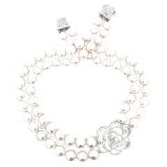 Double-Strand South Sea Pearl Necklace with Diamond Camellia Motif and Clasp