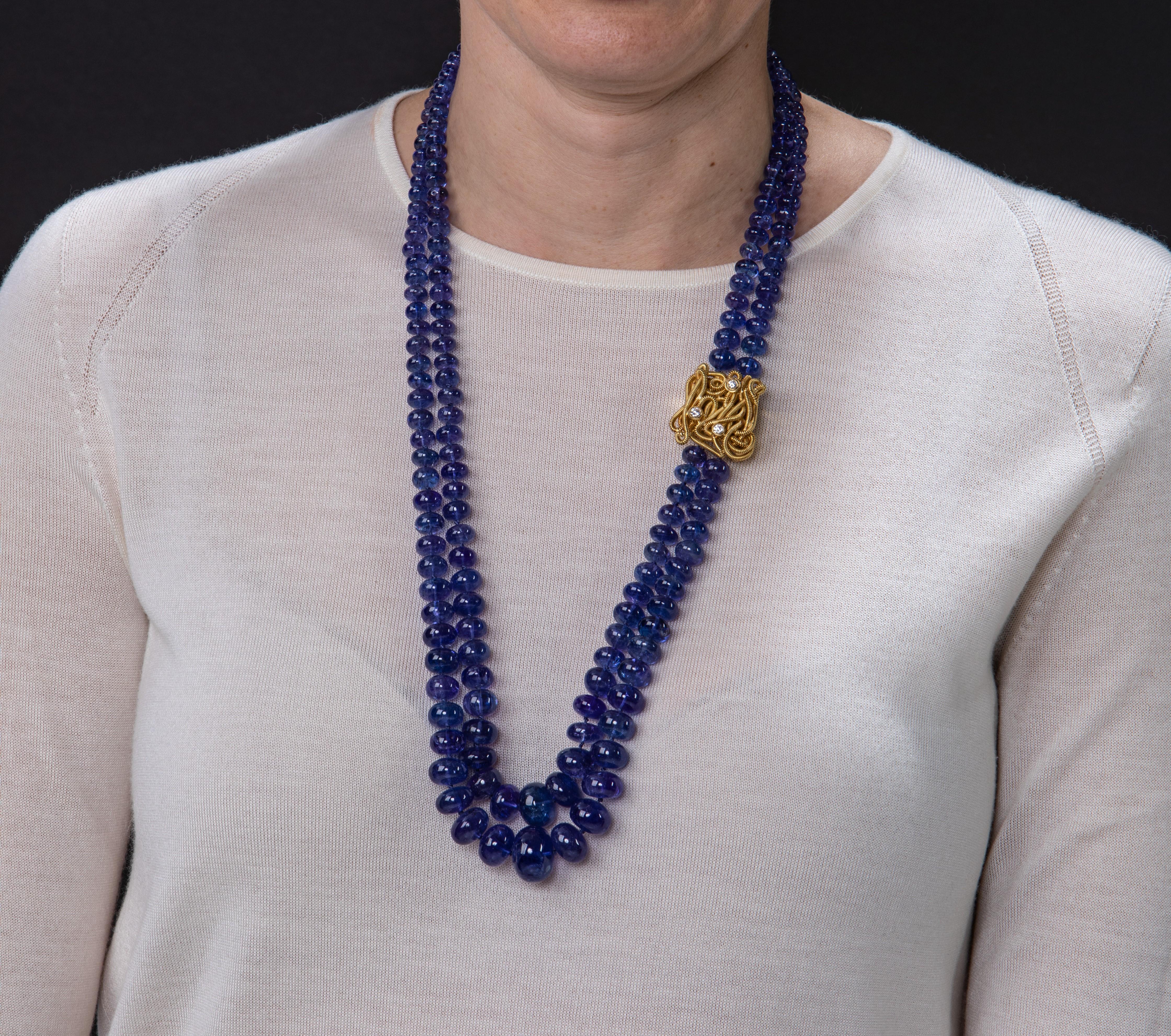 Contemporary Double Strand Tanzanite Necklace with 18k Coiled Gold Clasp and Diamonds For Sale