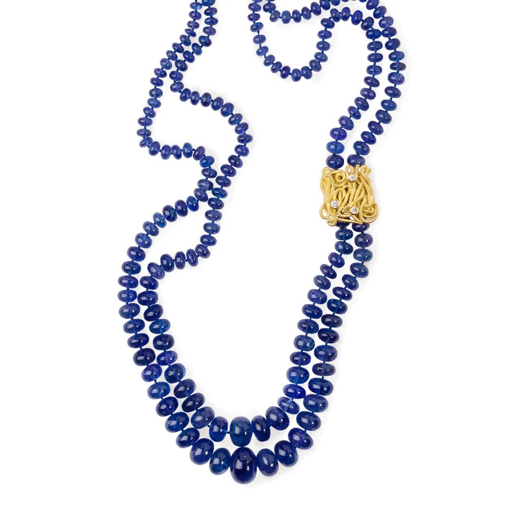 Round Cut Double Strand Tanzanite Necklace with 18k Coiled Gold Clasp and Diamonds For Sale