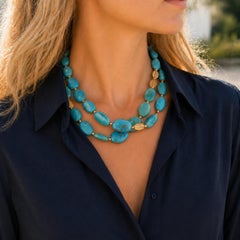 Collana a doppio filo con pietre di turchese e oro giallo 24 carati di Yossi Harari