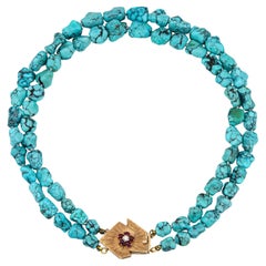 Double Strand Turquoise Necklace Vintage 60s Ruby Diamond Clasp 14k Gold