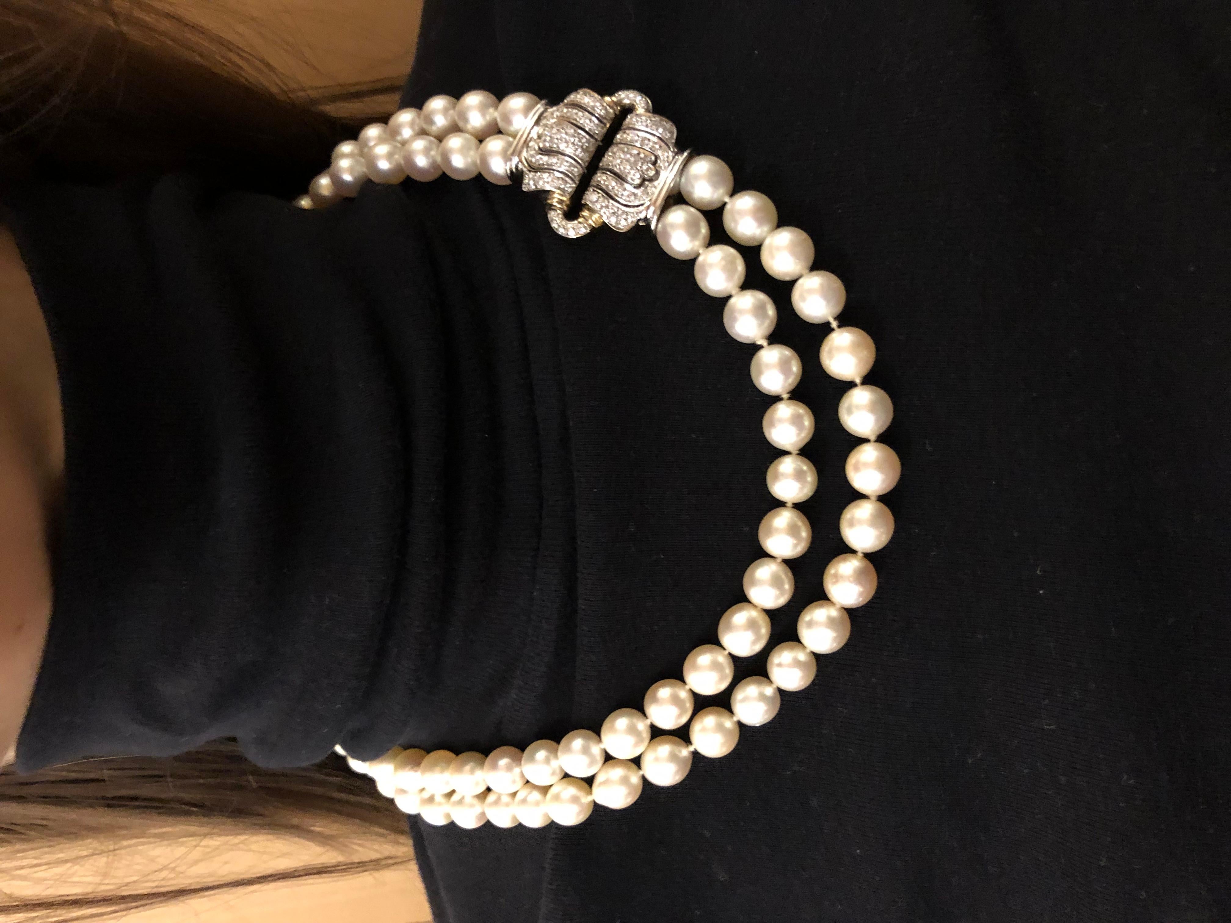 Double Stranded Pearl Diamond Necklace In Good Condition In Palm Springs, CA