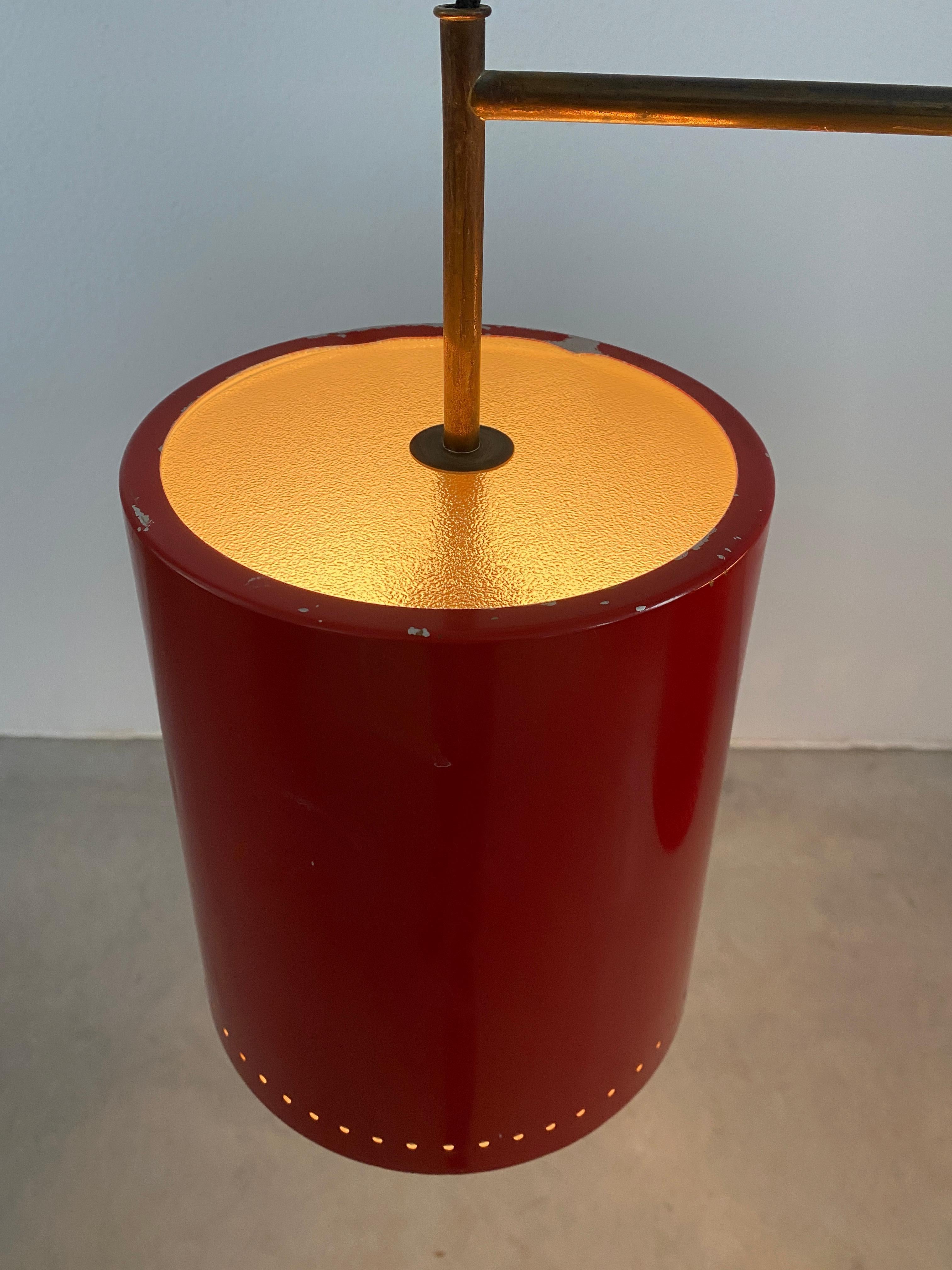 Mid-Century Modern Stilnovo Double Suspension Pendant Lamp Red Aluminum Glass, Italy, 1950 For Sale