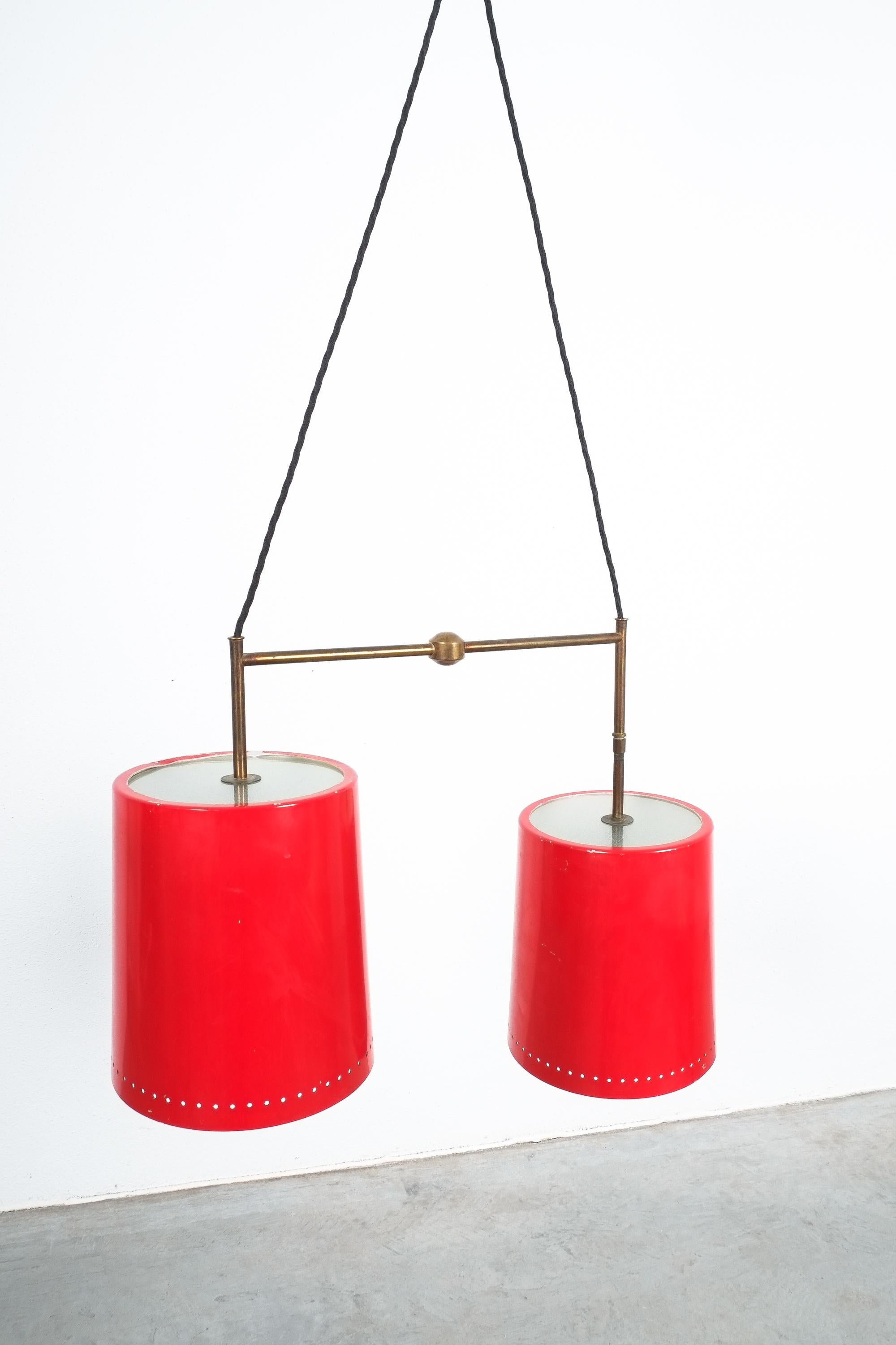 Italian Stilnovo Double Suspension Pendant Lamp Red Aluminum Glass, Italy, 1950 For Sale