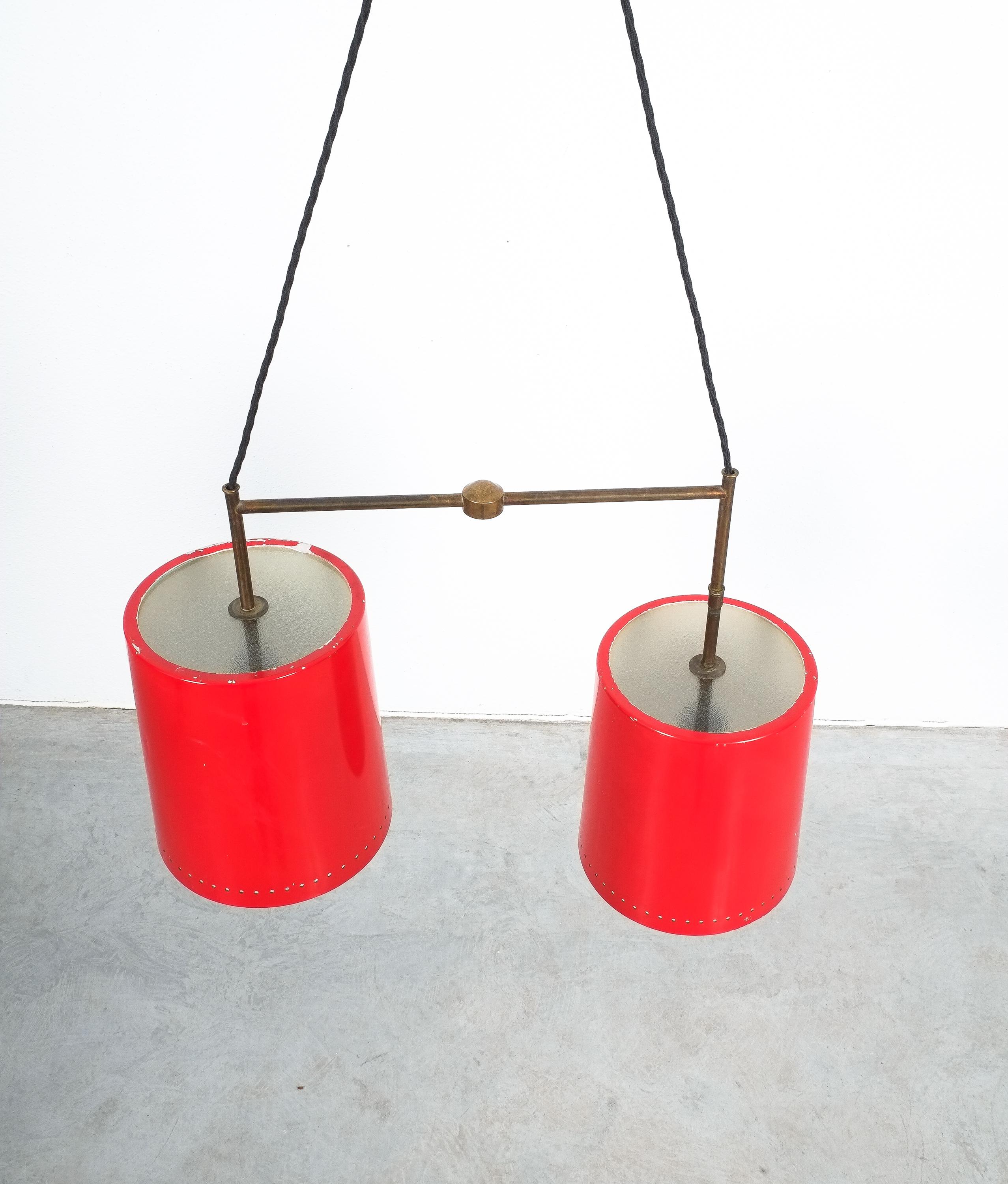 Lacquered Stilnovo Double Suspension Pendant Lamp Red Aluminum Glass, Italy, 1950 For Sale