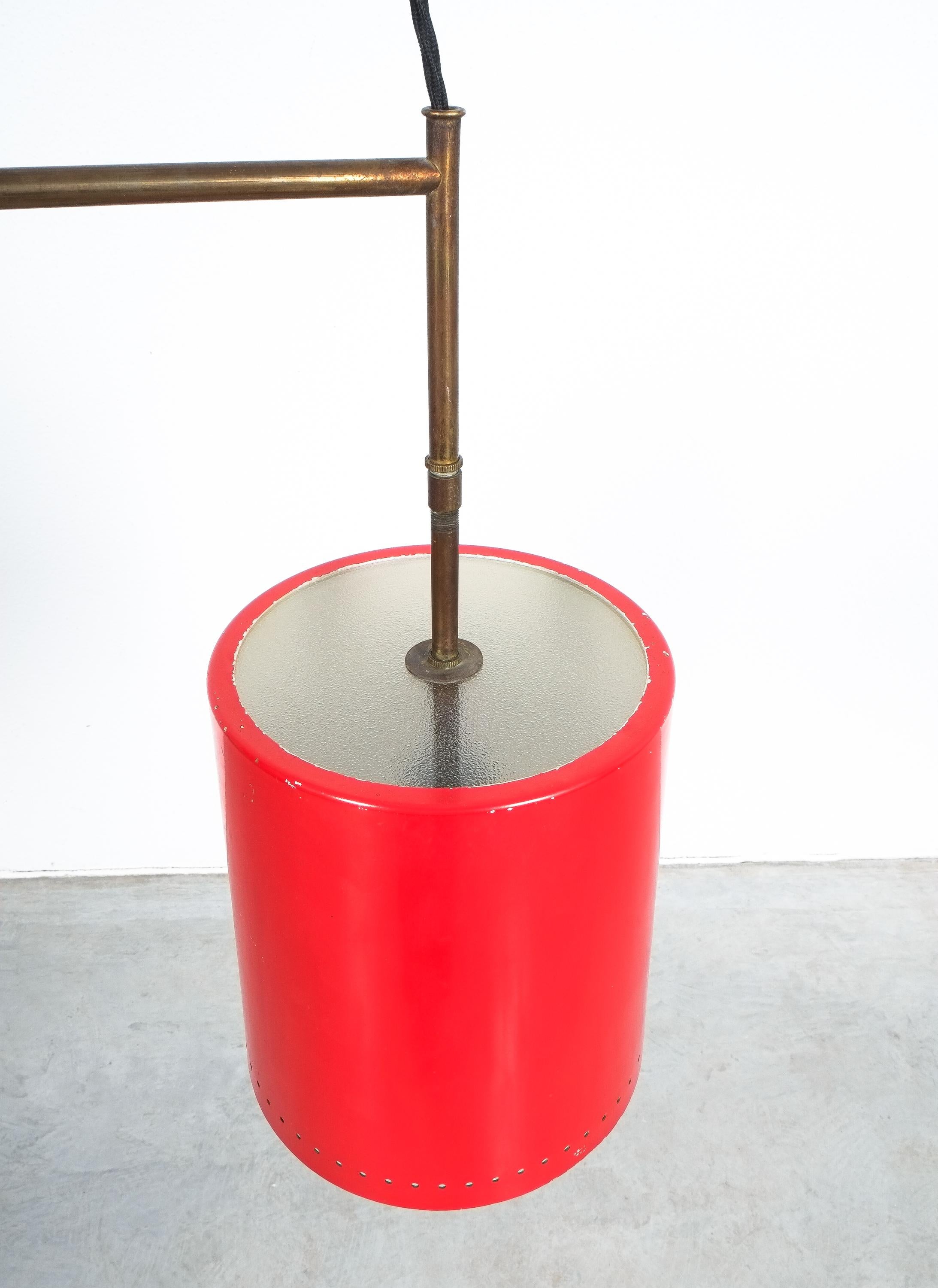 Mid-20th Century Stilnovo Double Suspension Pendant Lamp Red Aluminum Glass, Italy, 1950 For Sale