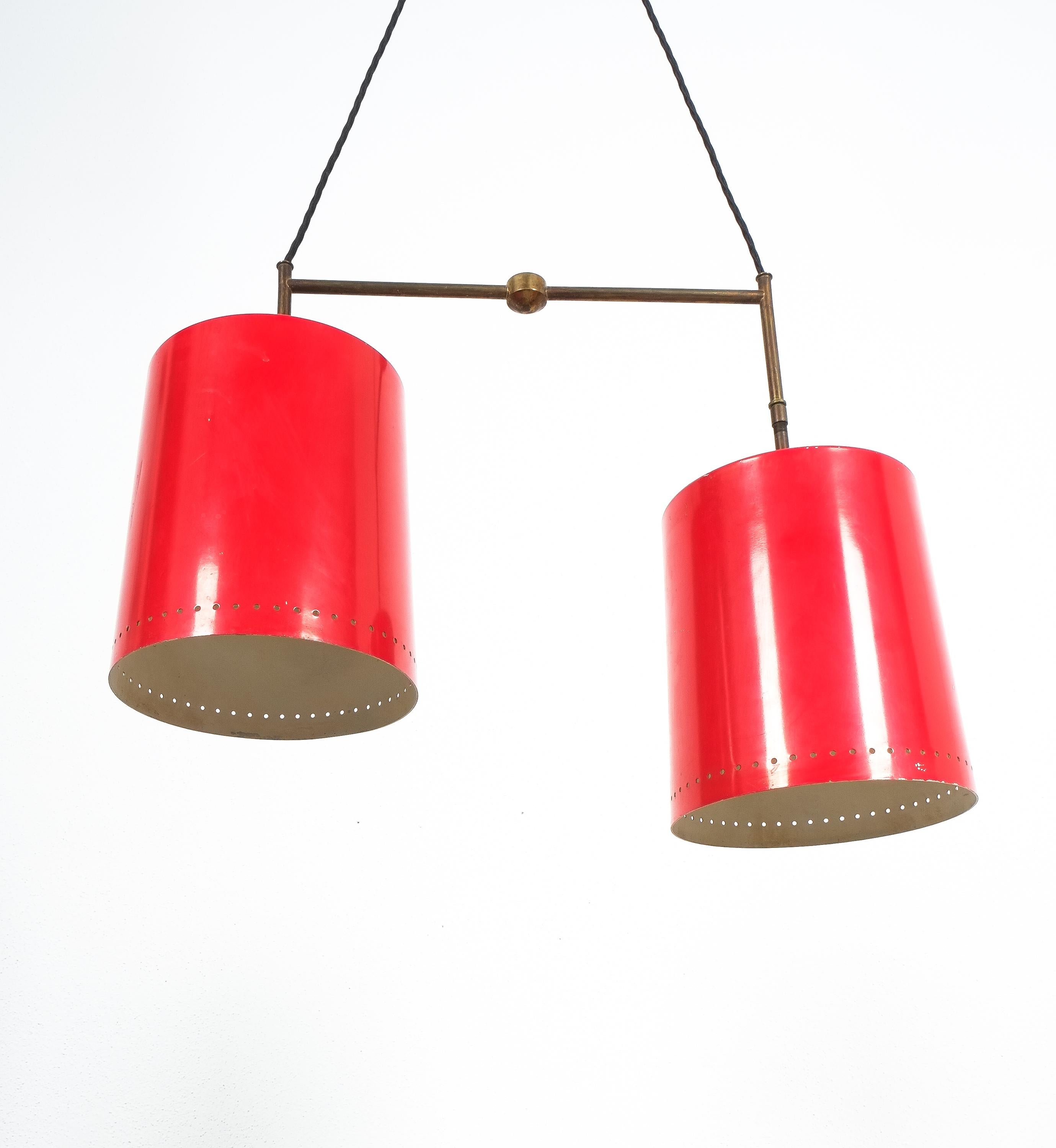 Stilnovo Double Suspension Pendant Lamp Red Aluminum Glass, Italy, 1950 For Sale 1