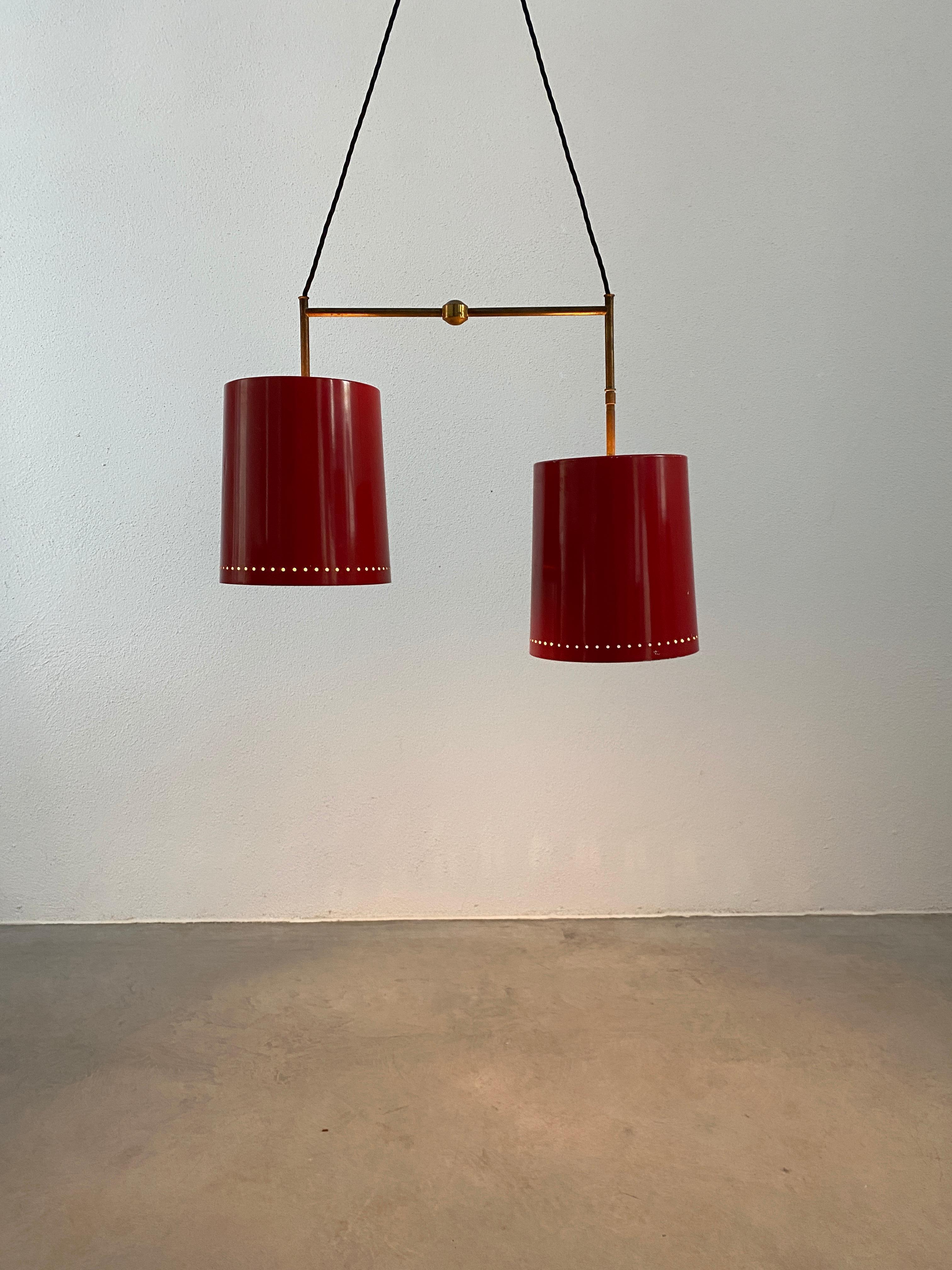 Stilnovo Double Suspension Pendant Lamp Red Aluminum Glass, Italy, 1950 For Sale 2