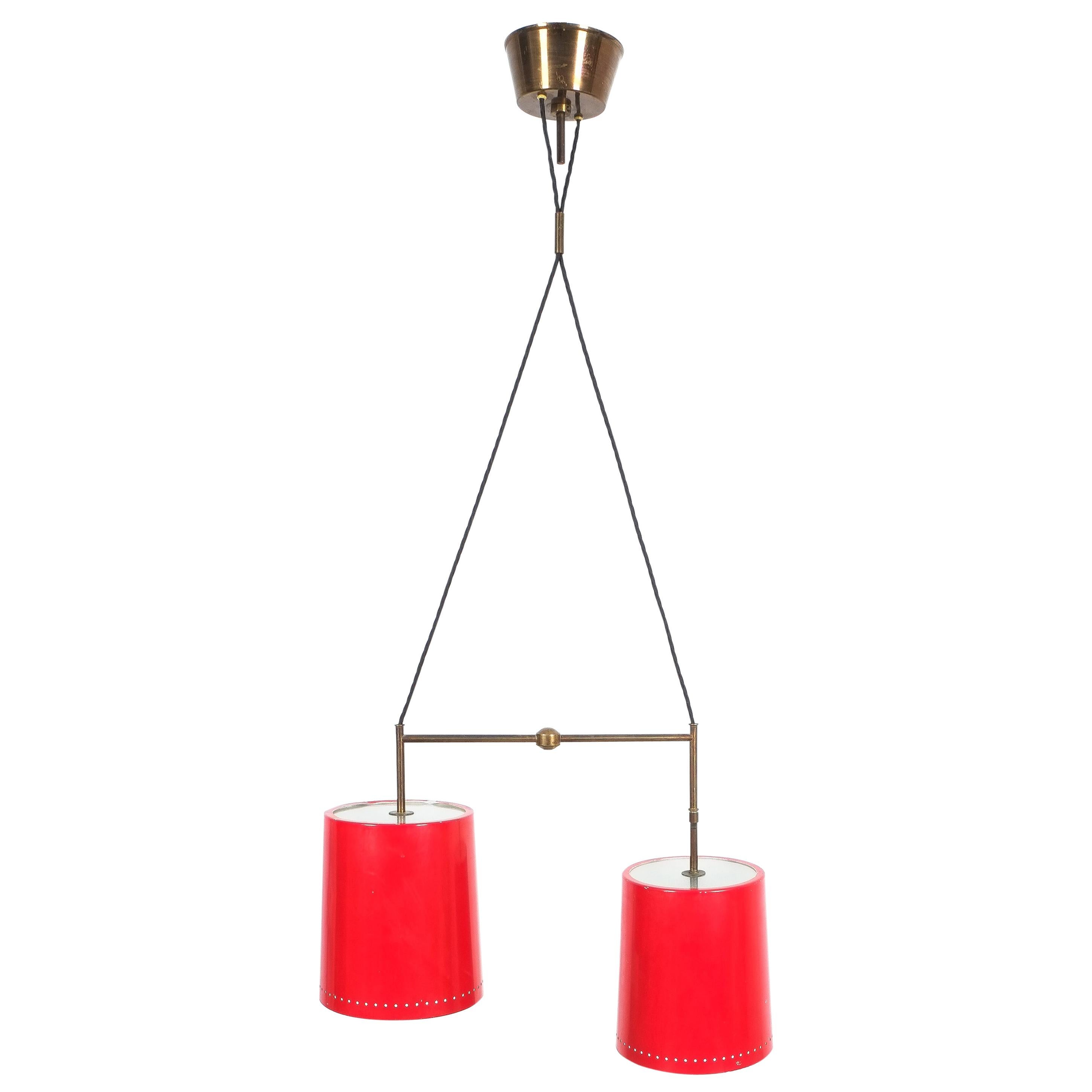 Stilnovo Double Suspension Pendant Lamp Red Aluminum Glass, Italy, 1950