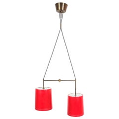 Stilnovo Double Suspension Pendant Lamp Red Aluminum Glass, Italy, 1950